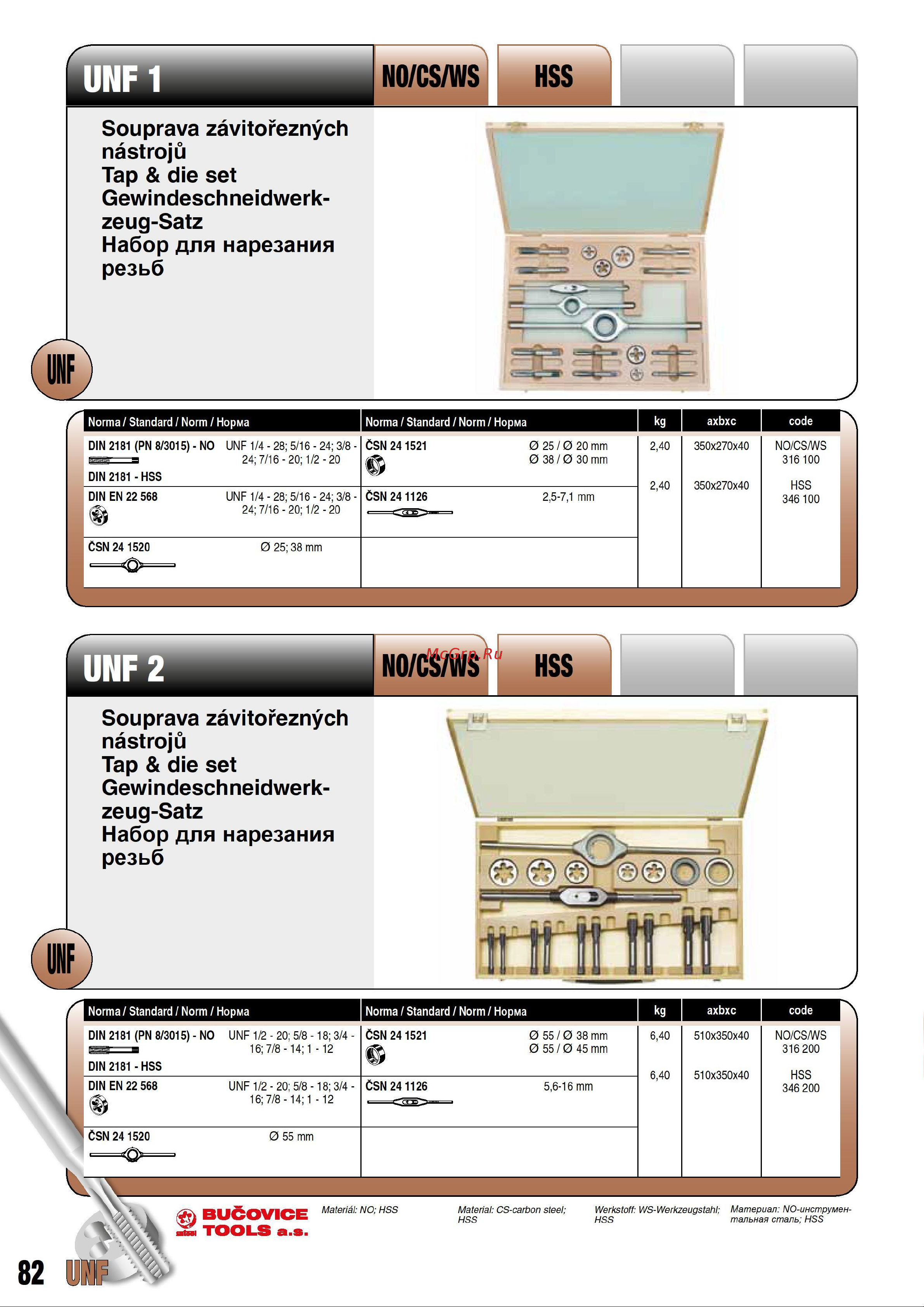 Bucovice Tools UNF 1/4-1/2, 115CrV3, 20пр 316100 Страница каталога онлайн