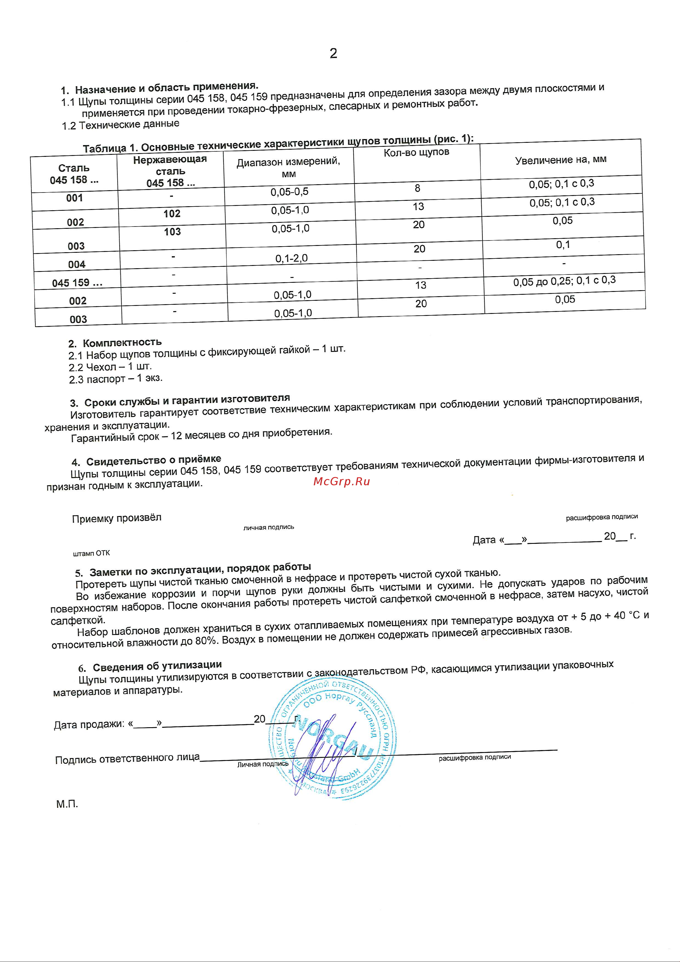 Norgau 0.05-1.00 мм х20 200 мм 045159003 Паспорт онлайн [2/2] 824776