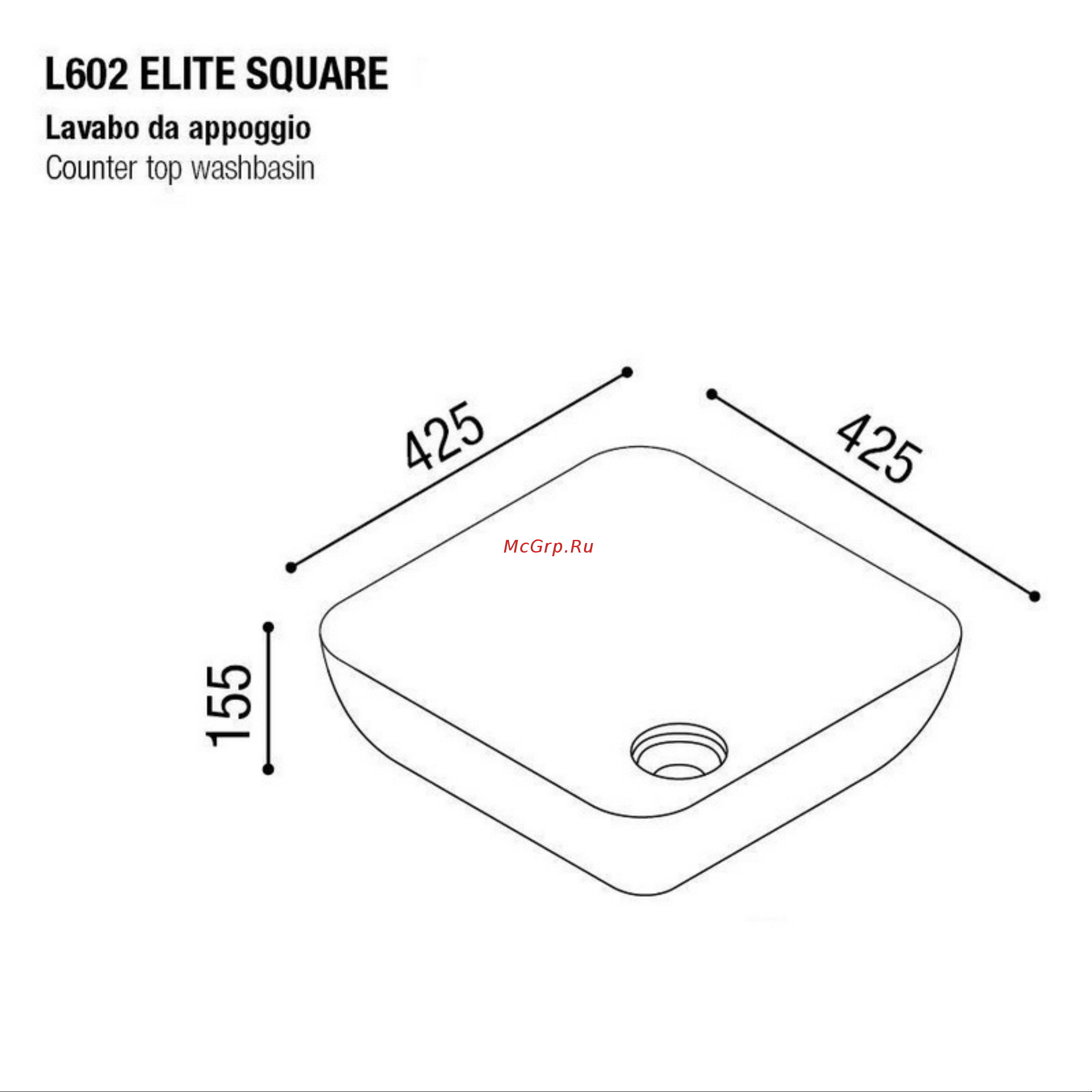 AeT Italia aet elite square 43x43 см, без отверстия под смеситель, розовый матовый, донный клапан розовый матовый, свободный слив L602T0R0V0142 Тех схема онлайн