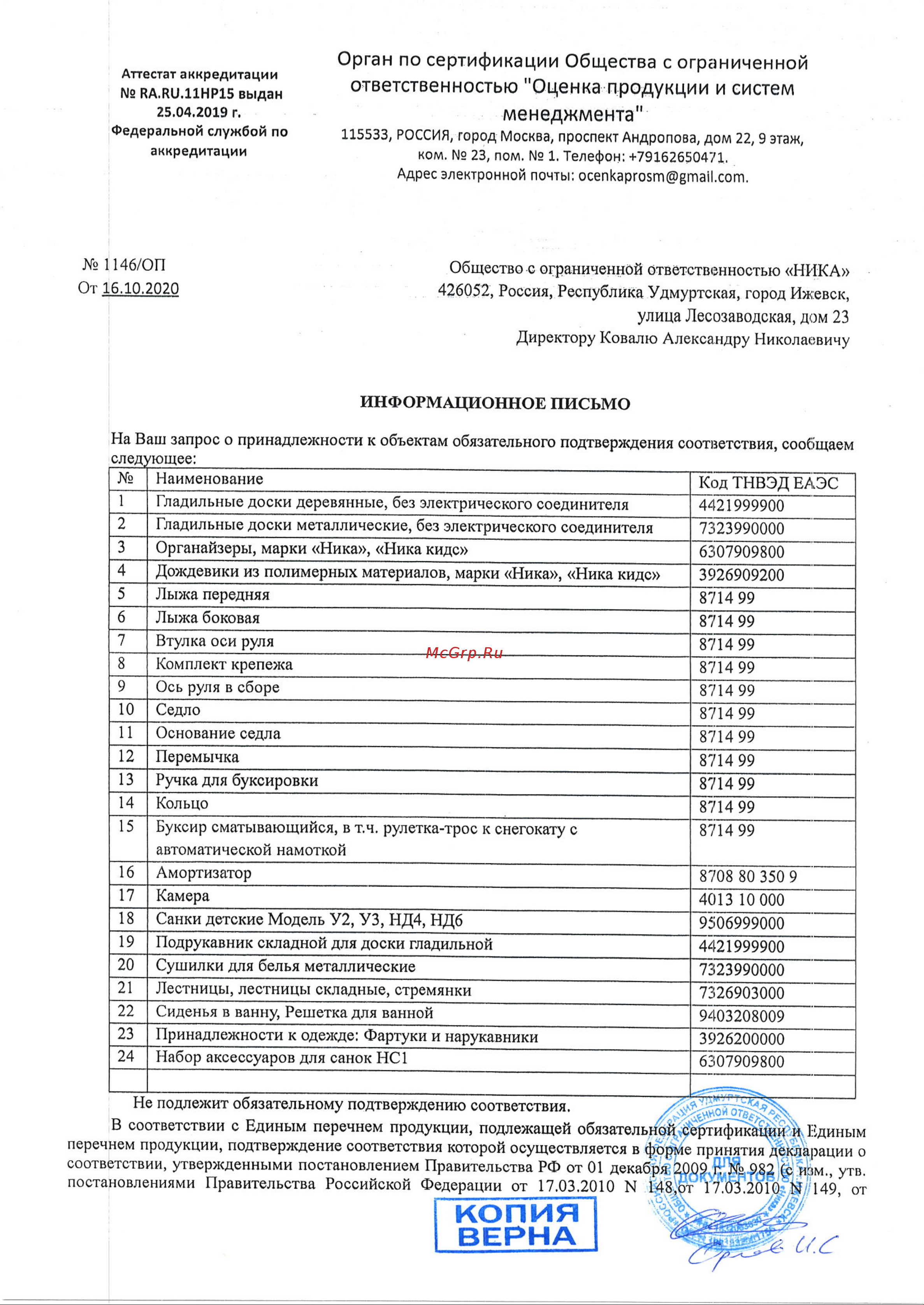 Ника НИКА-ЭК1/1070*290 Отказное письмо онлайн