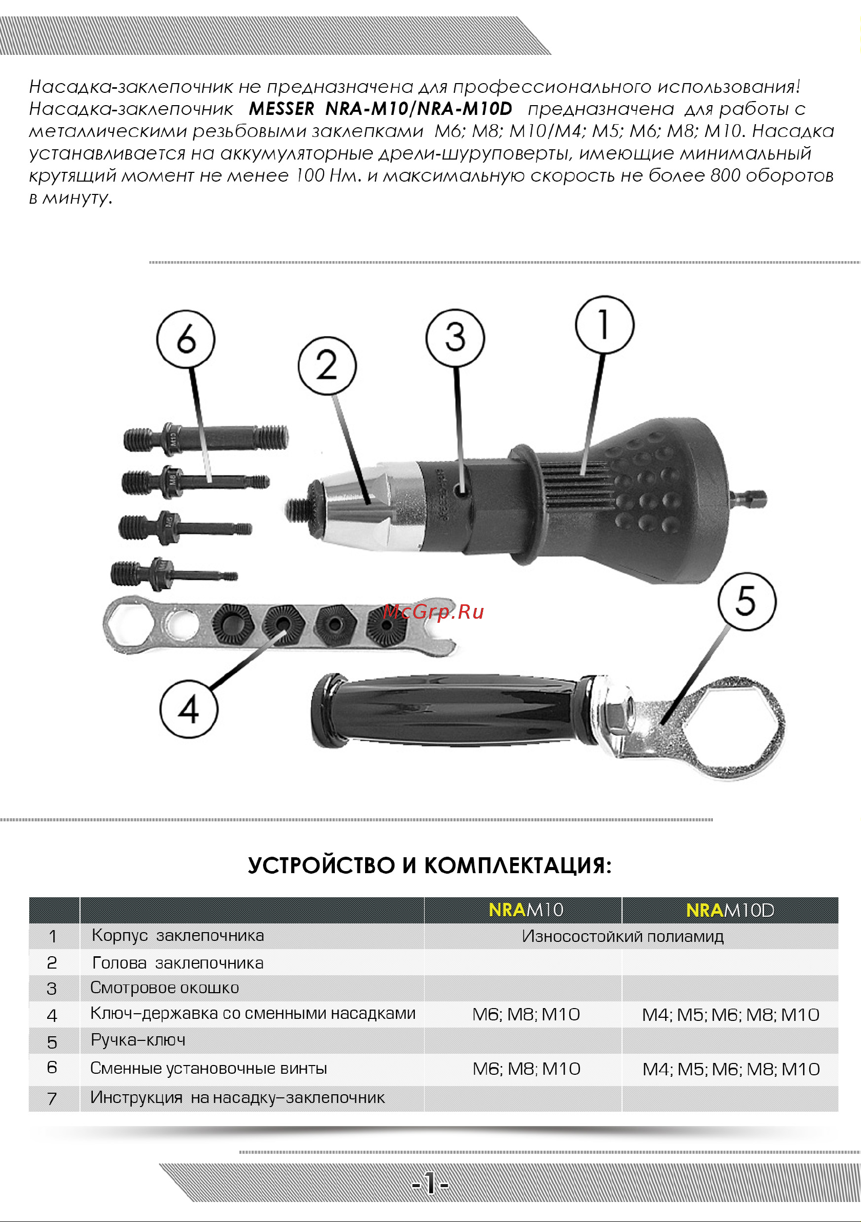 Messer NRA-M10D Инструкция к Насадке MESSER NRA-M10 онлайн [2/8] 825884