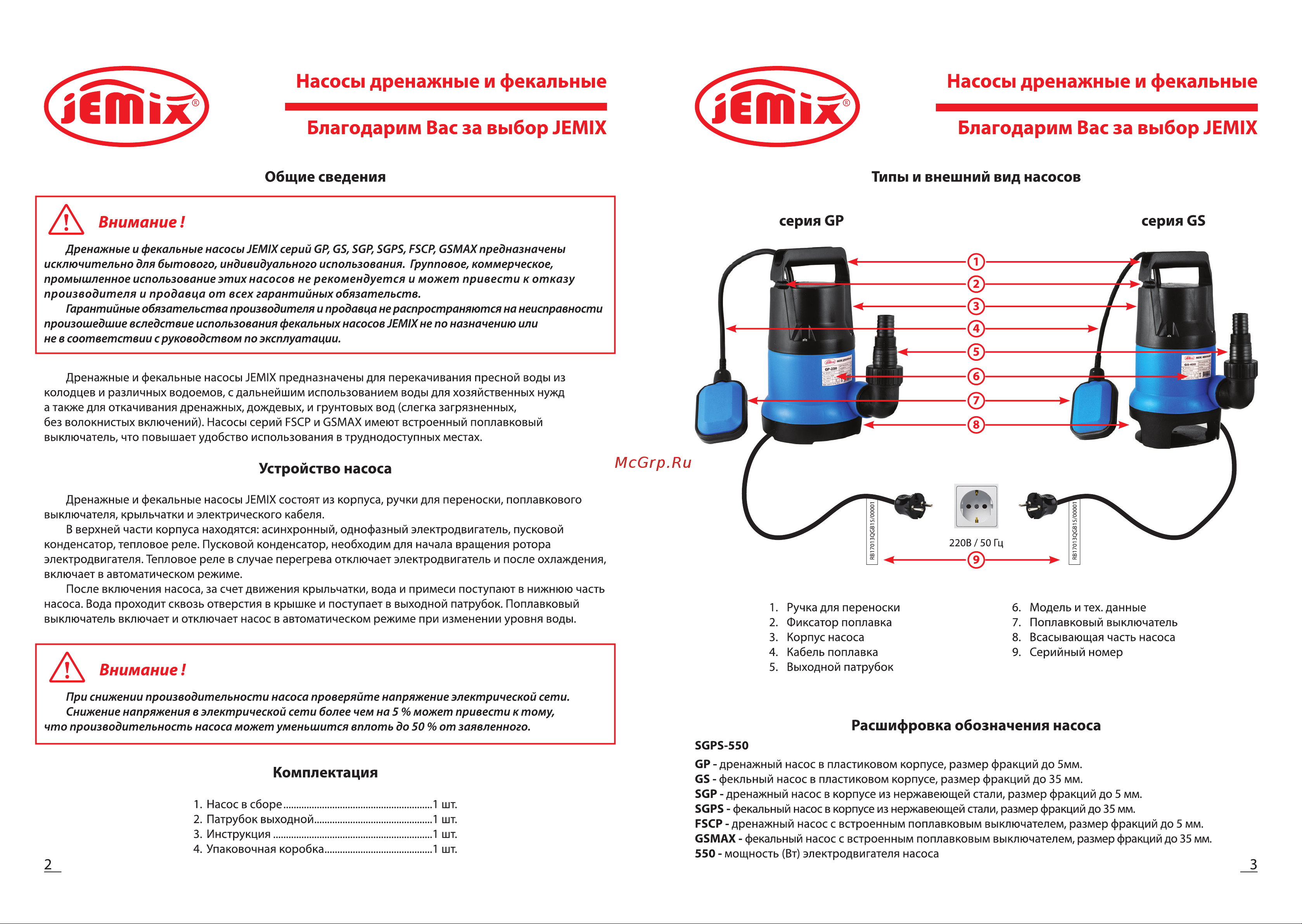 Jemix GSMAX-750, пластик, встроенный поплавок, 0.75КВт, напор 8 м, 208 л/мин, диаметр всасываемых частиц до 35 мм Ф-КОМБИ-208-8 Инструкция к товару онлайн [2/9] 826062