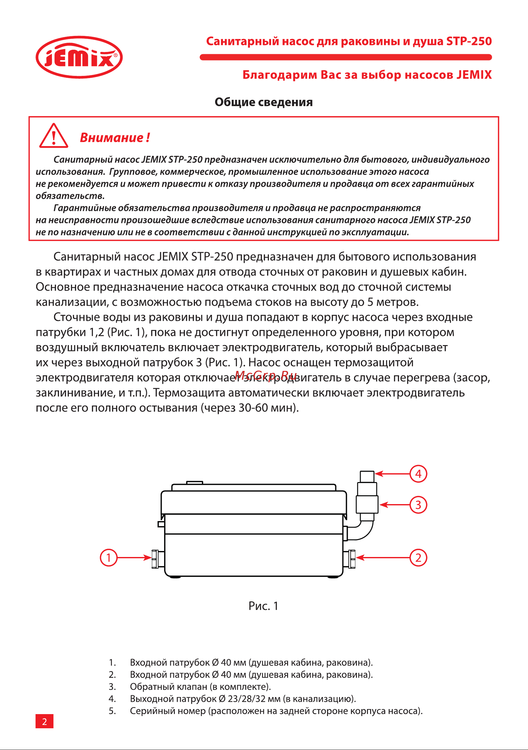 Jemix STP-250, 250 Вт, 80 л/мин, 87611 Инструкция к JEMIX STP-250 87611 онлайн [2/16] 826081