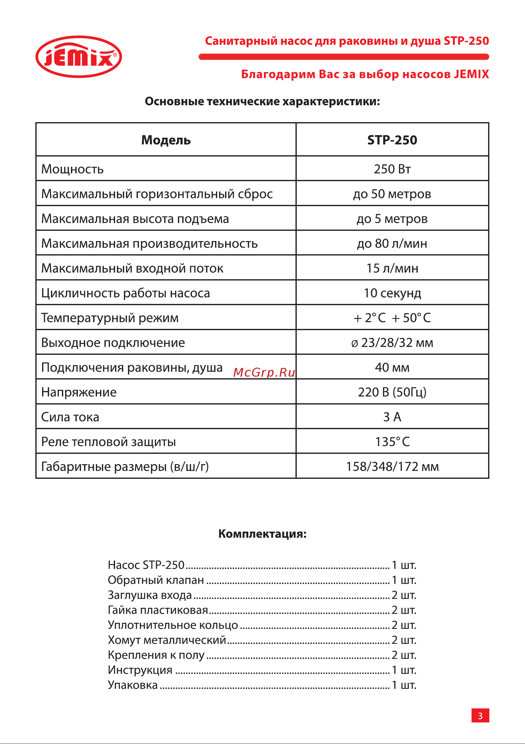 Jemix STP-250, 250 Вт, 80 л/мин, 87611 Инструкция к JEMIX STP-250 87611 онлайн [3/16] 826081