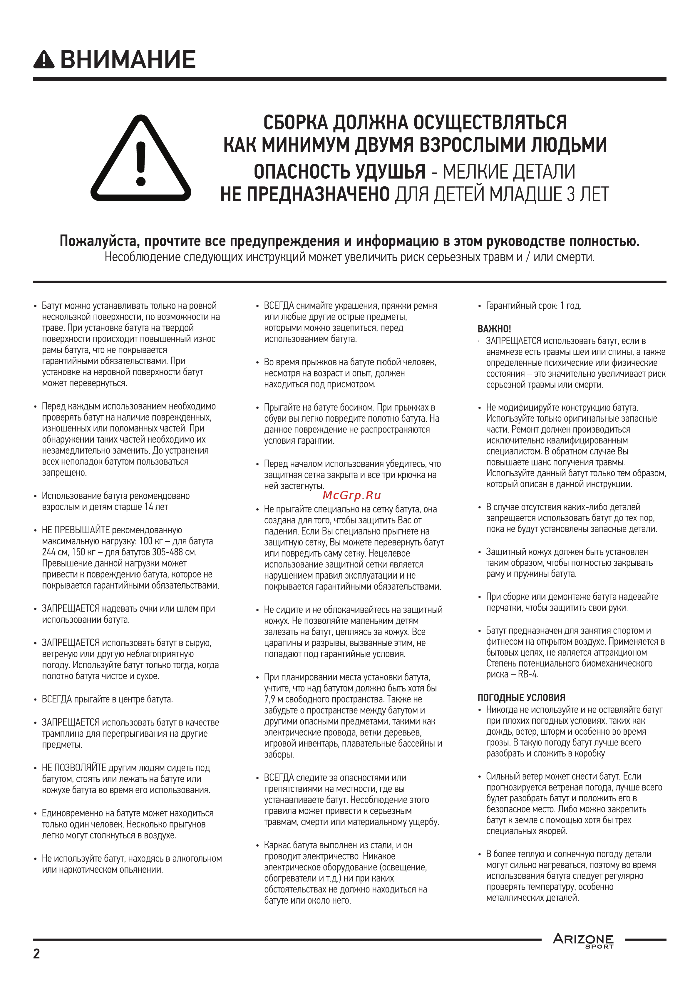 Arizone D427 см, с защитной сеткой и лестницей 80-140400 Инструкция к Arizone 80-140400 онлайн [2/10] 829391