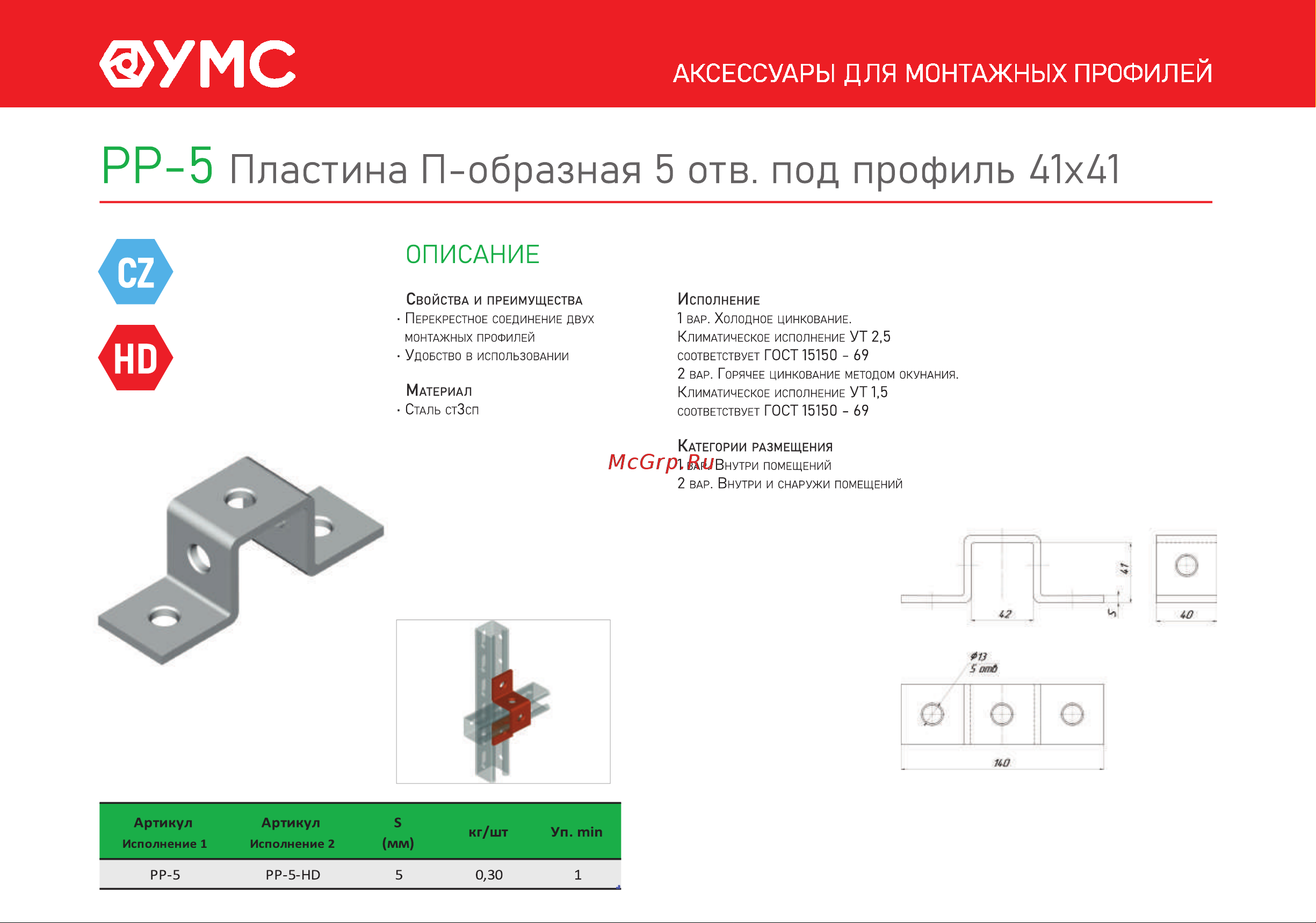 УМС 5 отв., под профиль 41x41 мм PP-5 техн. лист онлайн