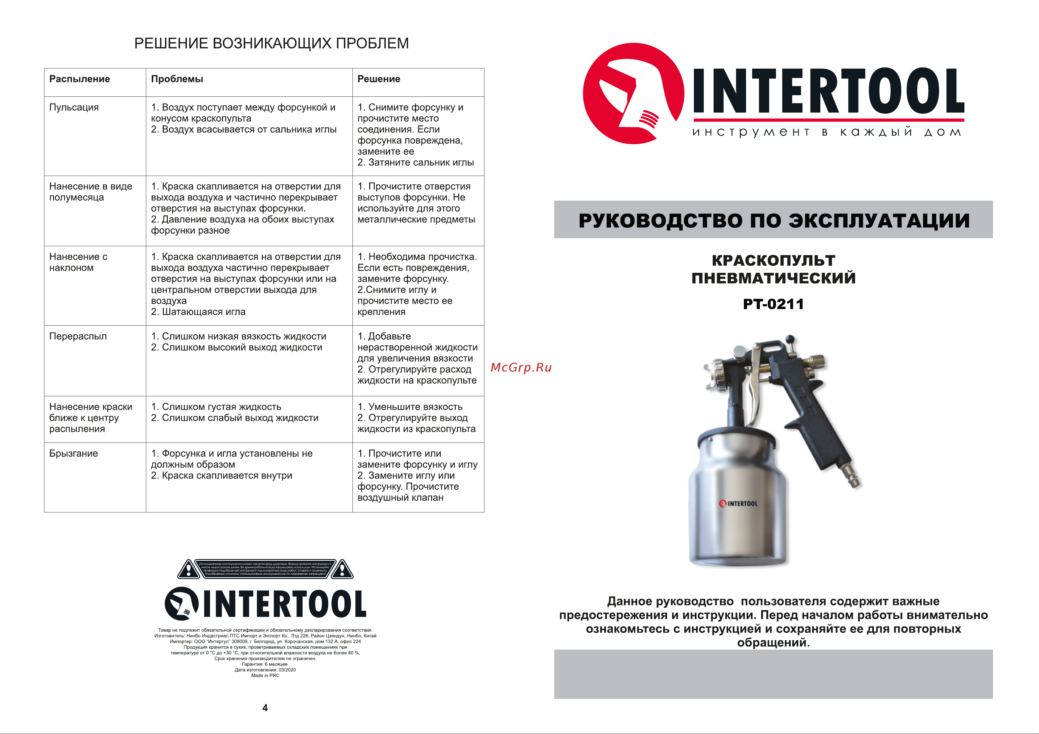 INTERTOOL HP, форсунка 1.5 мм, бачок 1000 мл, PT-0211 Инструкция PT-0211 онлайн