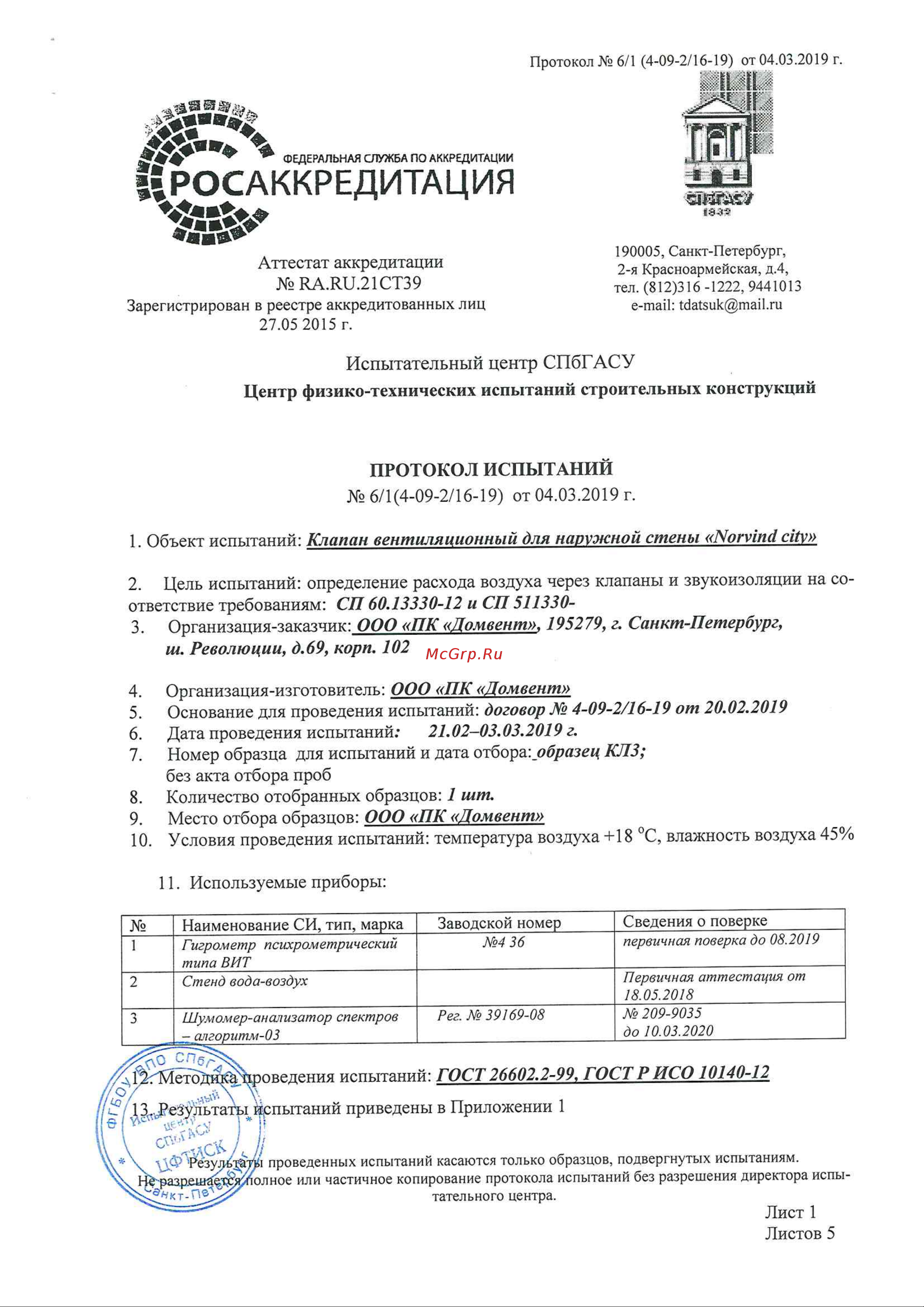 NORVIND CITY, 30 м3/ч NVD_CITY Протокол испытаний NORVIND CITY онлайн