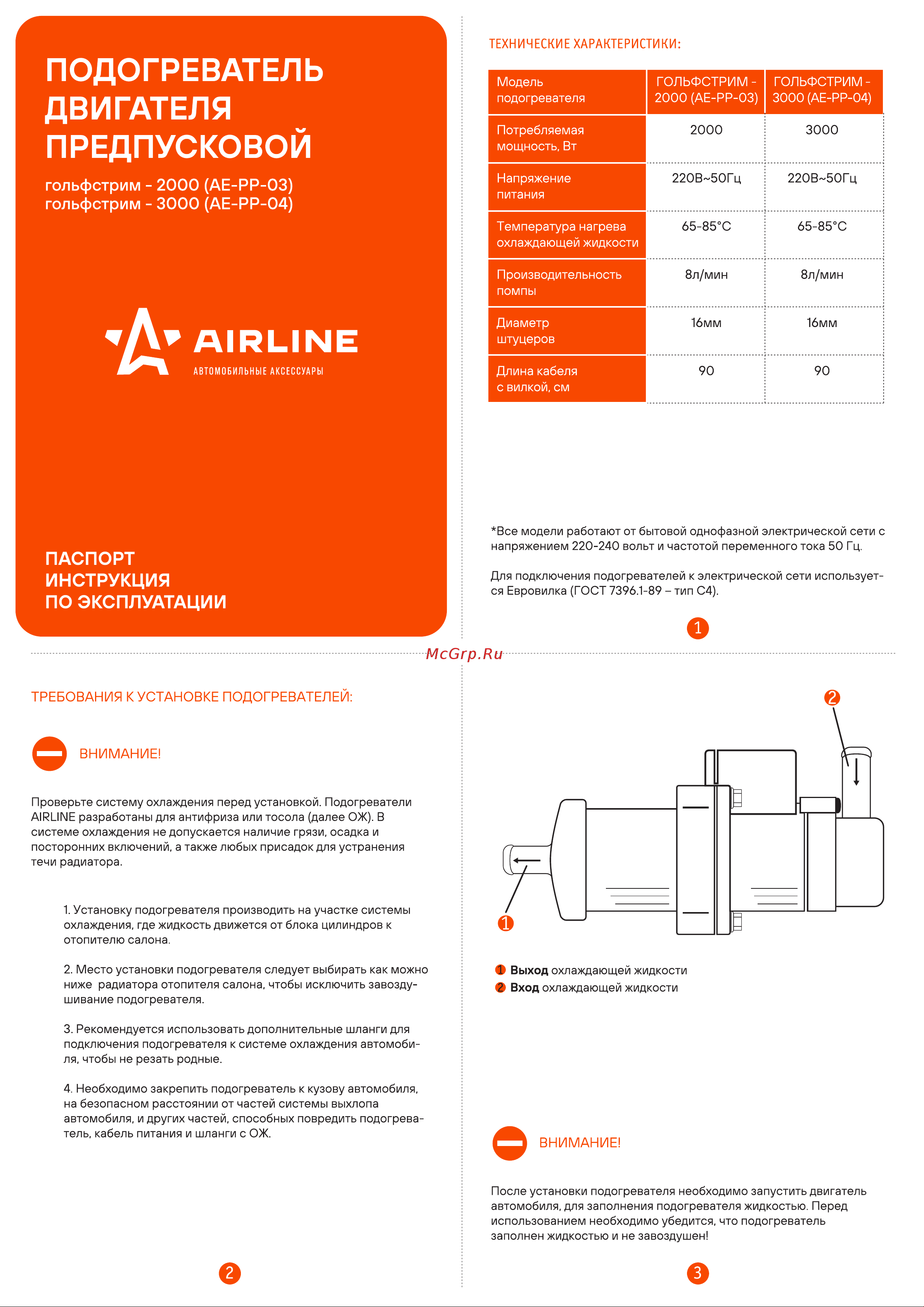 Airline ГОЛЬФСТРИМ-2000 с помпой, 220 В, 2000 Вт AE-PP-03 Инструкция к Airline ГОЛЬФСТРИМ-2000 AE-PP-03 онлайн