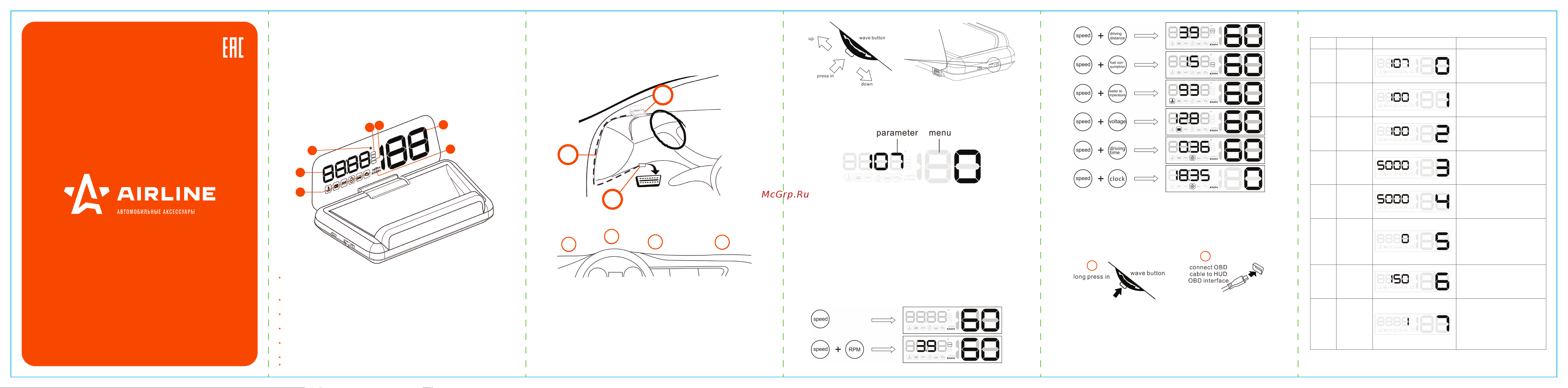 Airline HUD, спидометр с встроенным прямоугольным экраном ALAA001 Инструкция к Airline ALAA001 онлайн