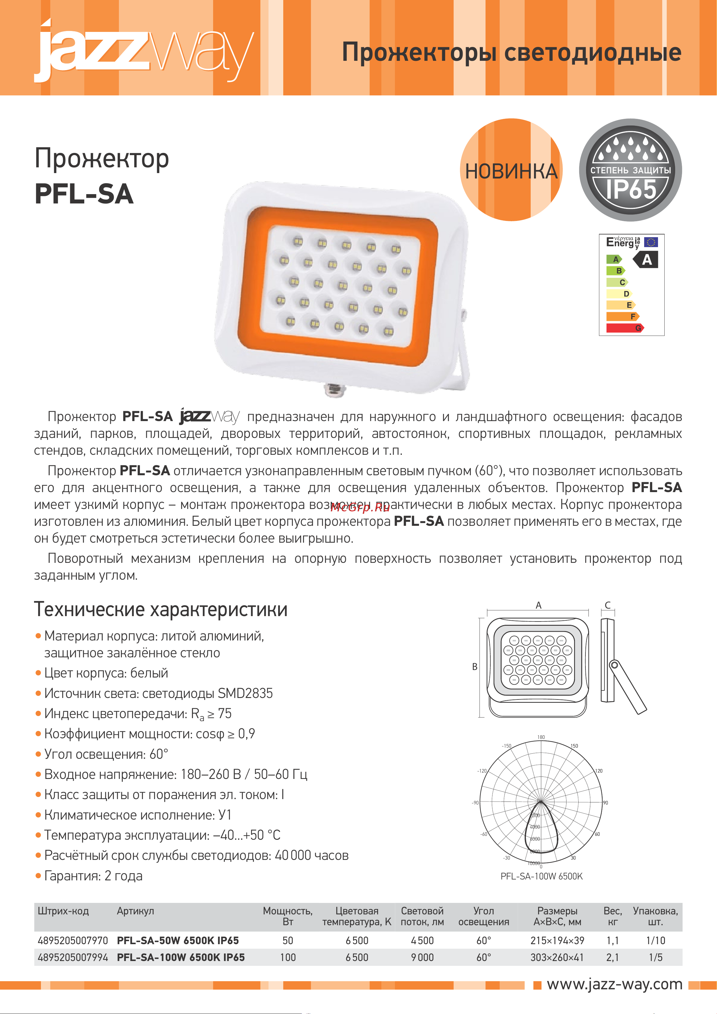 JazzWay PFL-SA 50Вт 6500К IP65 60град. 5007970 Листовка онлайн