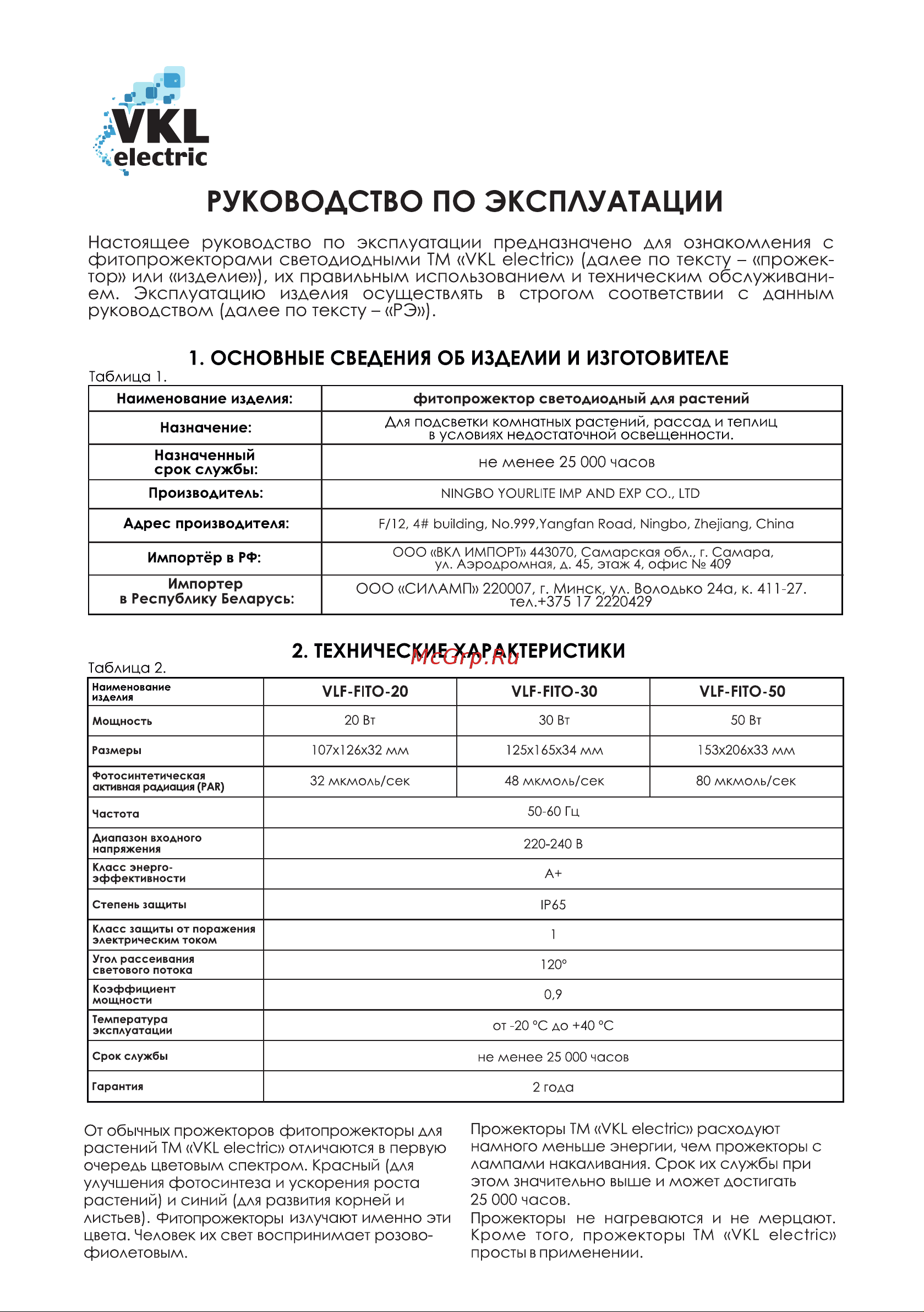 VKL electric LED VLF-FITO-20, 20W.220V. IP65 1198632 Инструкция по эксплуатации онлайн