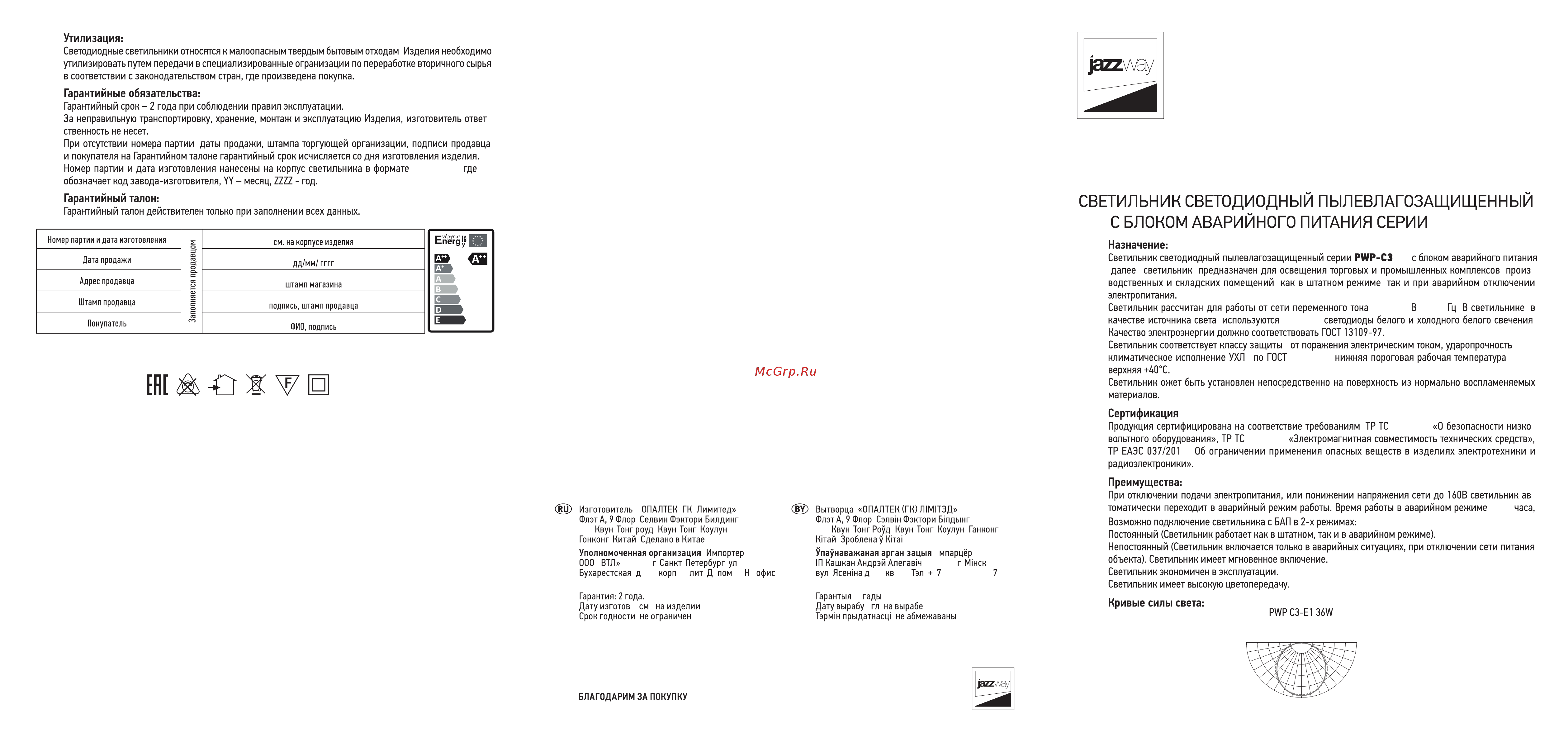 JazzWay PWP-C3-E1 1200 36w, 6500K, 4320Lm IP65 5048270 паспорт онлайн