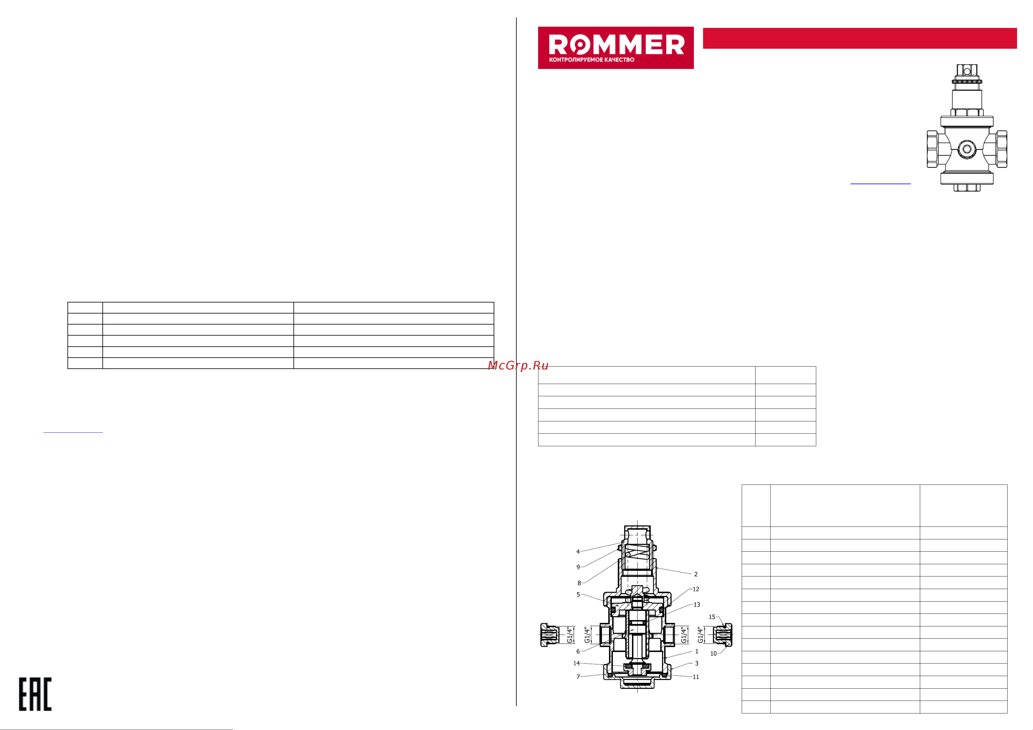 Rommer RVS-0008-000025 PN25 вн/вн 1 с выходом под манометр RG00921SM0D2BR Технический паспорт онлайн