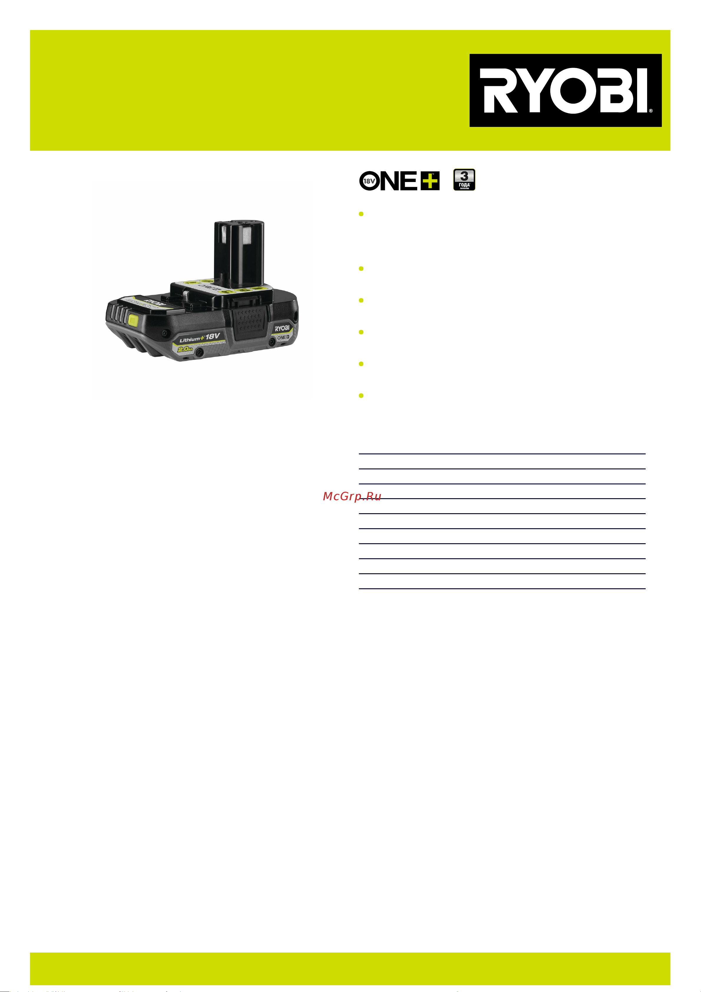 Ryobi ONE+ 2.0 Ач RB1820C 5133005052 Инструкция к товару онлайн
