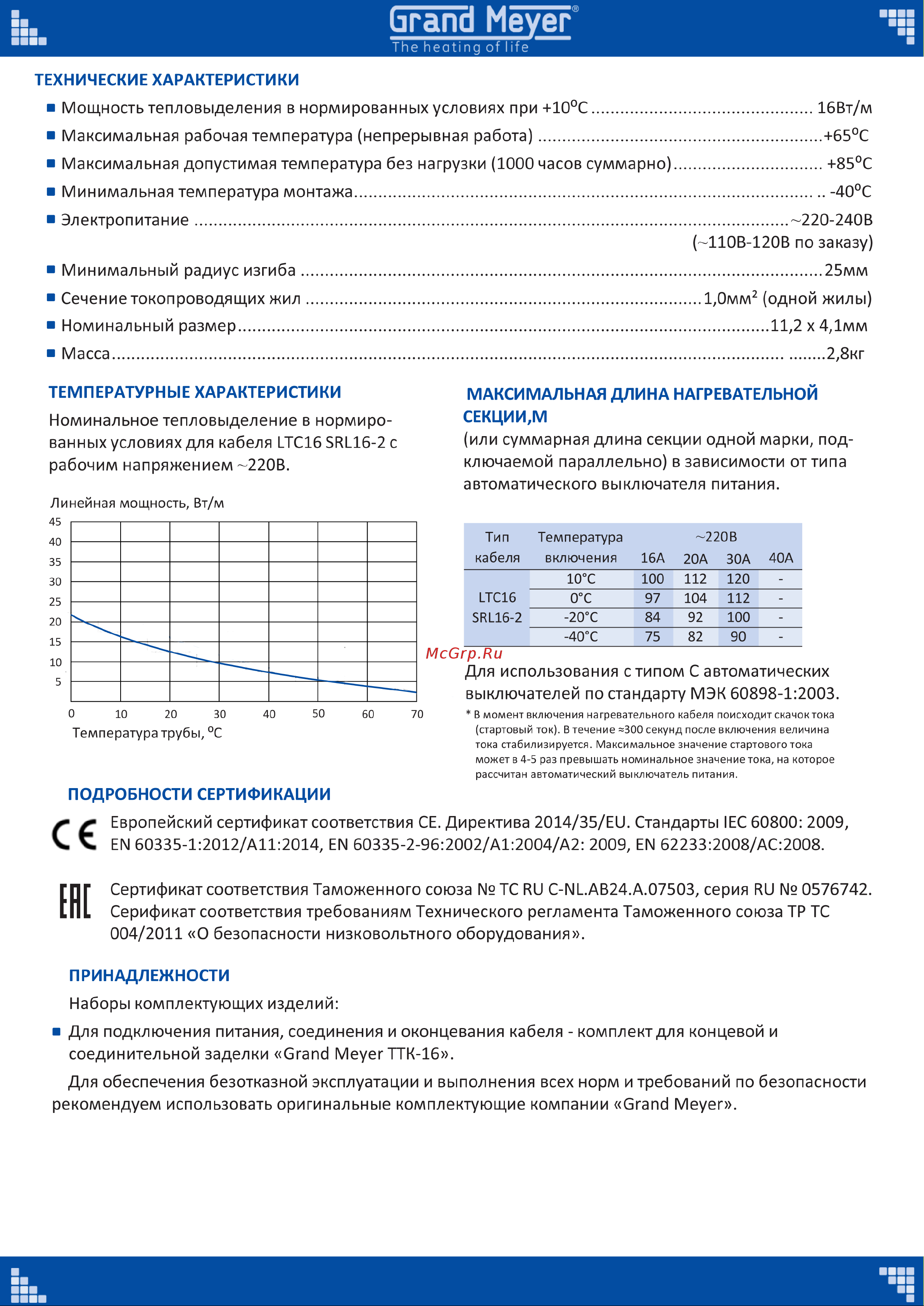 GRAND MEYER LTC16 SRL16-2 неэкранированный, 16 Вт/м, бухта 50 м LTC-16-50 Описание кабеля онлайн [2/2] 840756