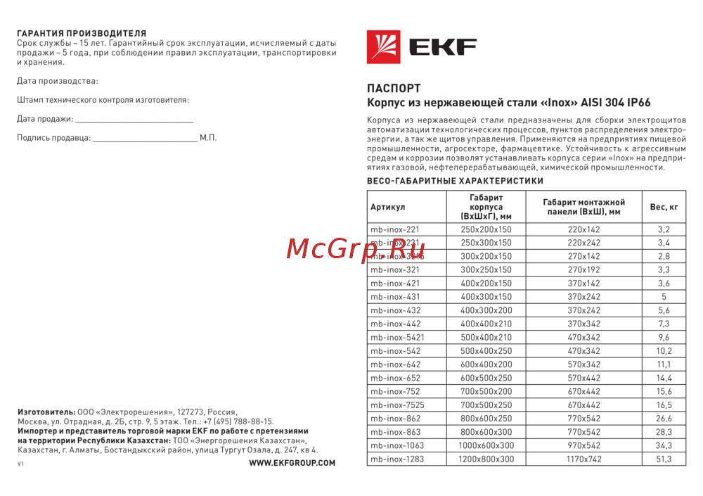 EKF PROxima Inox AISI 304 250х200х150 IP66 У1 mb-inox-221 Инструкция к товару