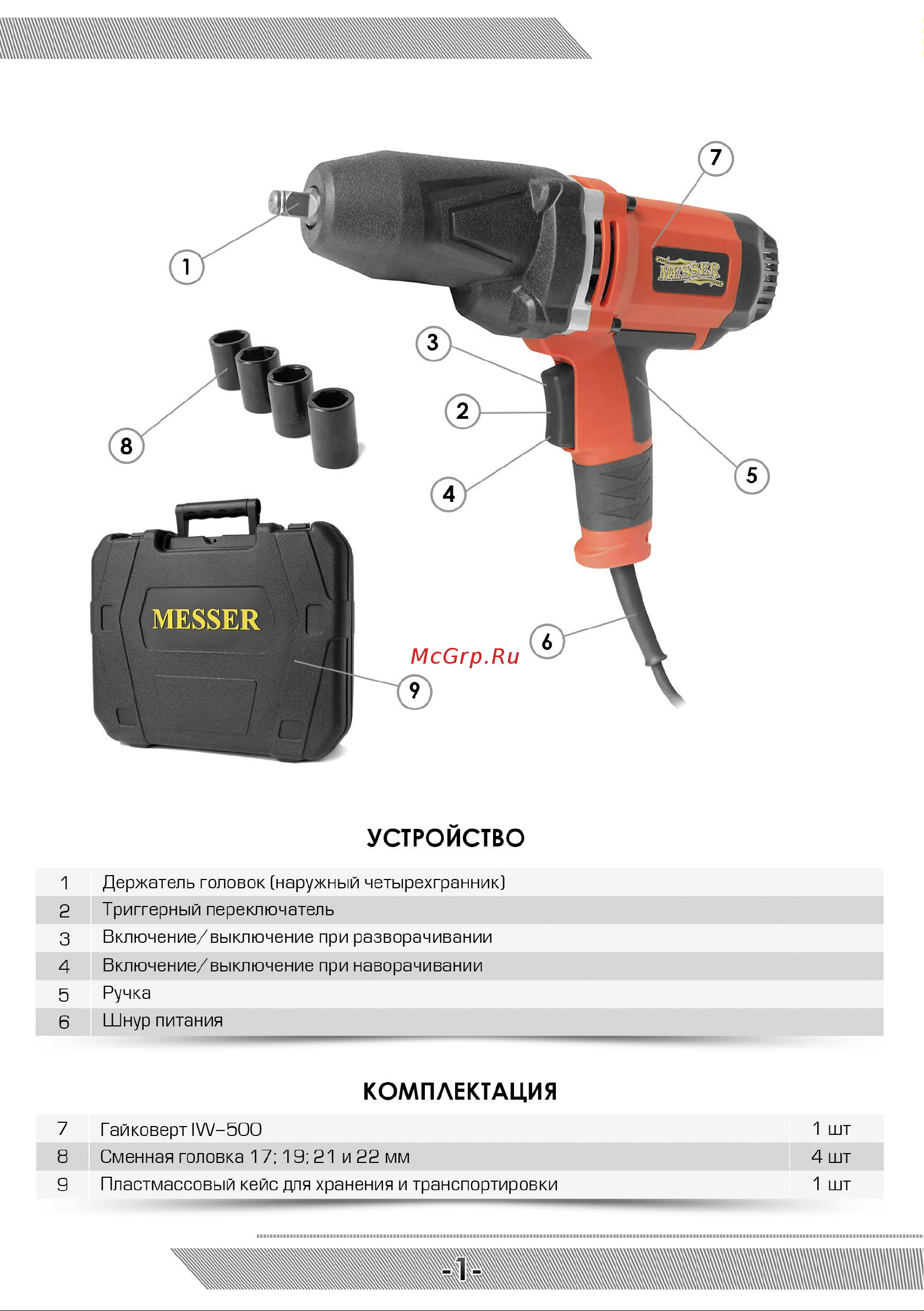 Messer IW-500 05-40-500 Инструкция к гайковерту MESSER IW-500 онлайн [2/8] 841739
