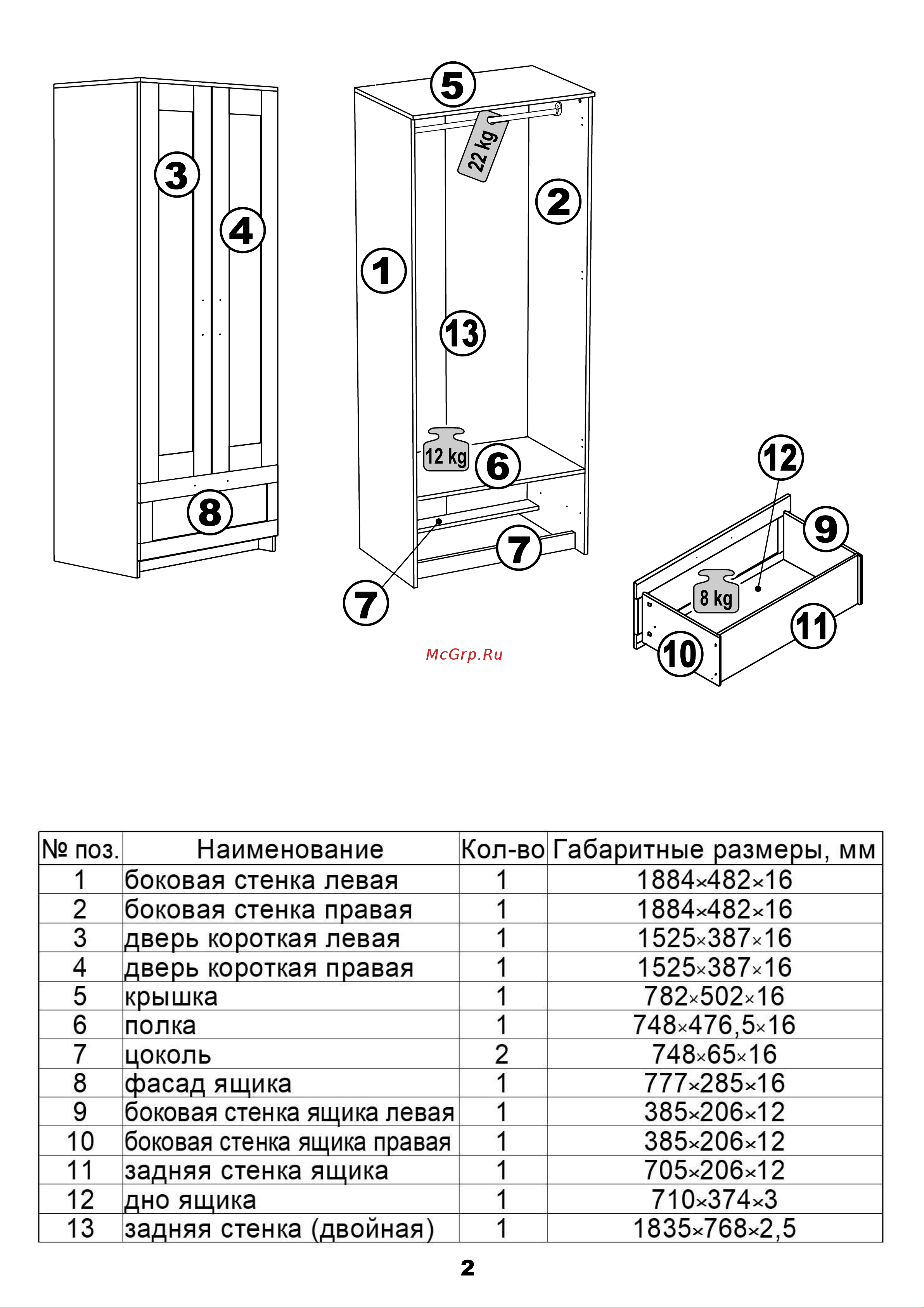 Шведский Стандарт СИРИУС 2 двери и 1 ящик, 78x41x190 см, белый 2.02.01.240.1 Инструкция по сборке онлайн [2/16] 842101