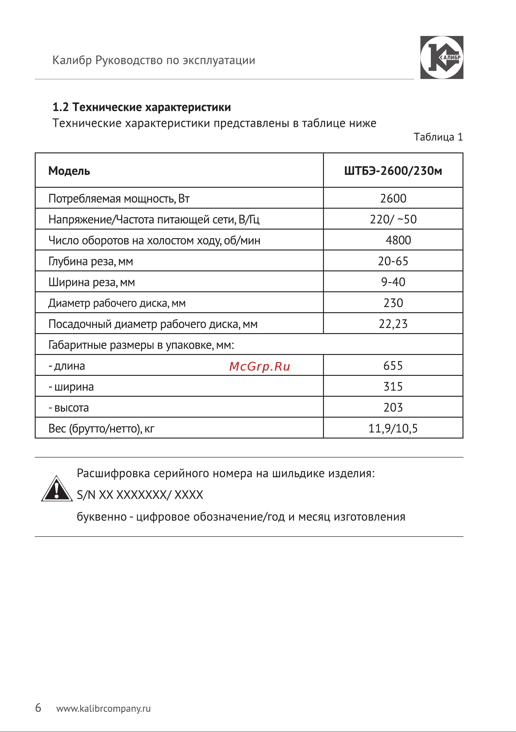 Калибр Мастер ШТБЭ - 2600/230м 00000038066 Инструкция к товару онлайн [7/16] 842581