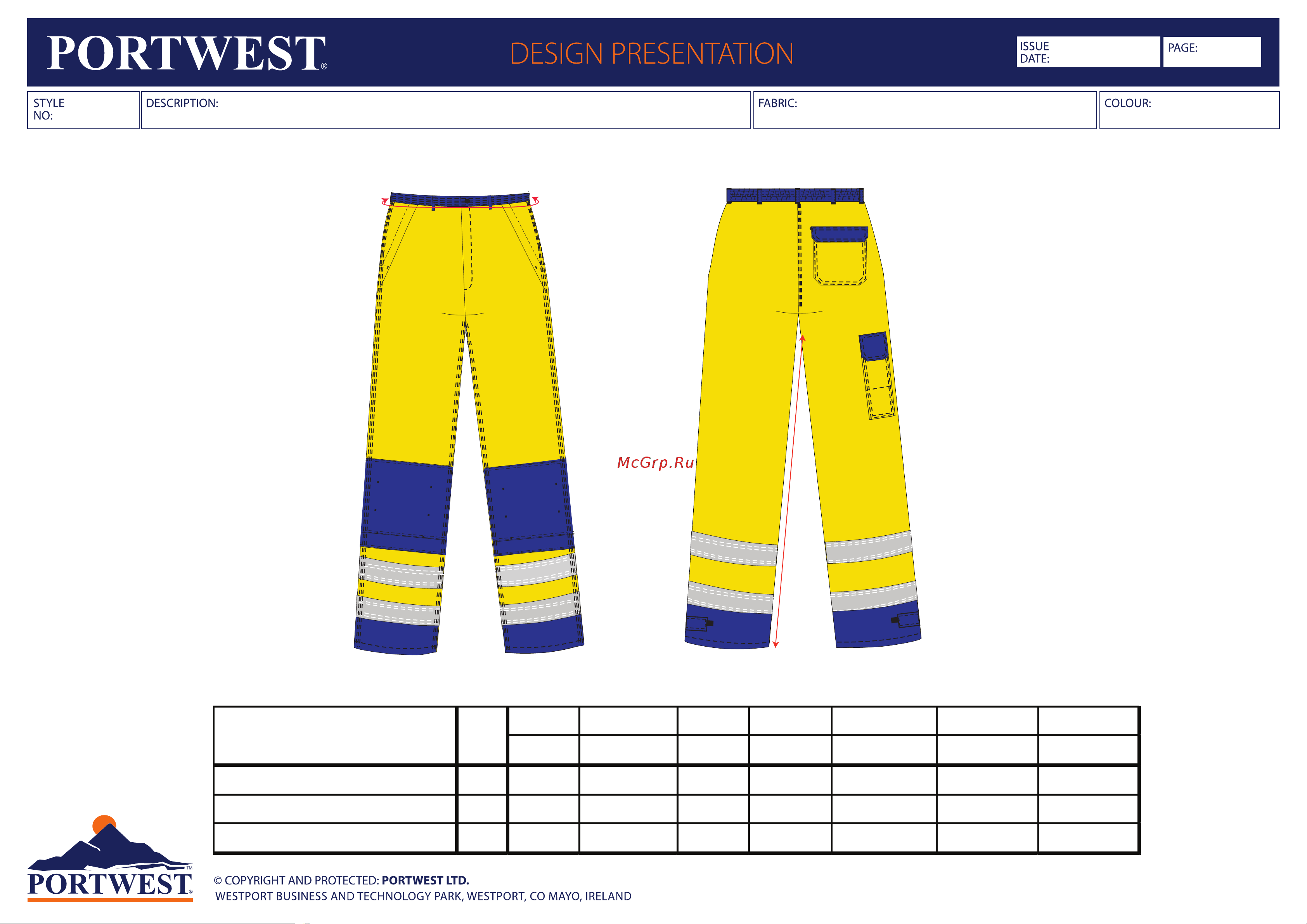 PORTWEST FR62YNRL Таблица размеров онлайн
