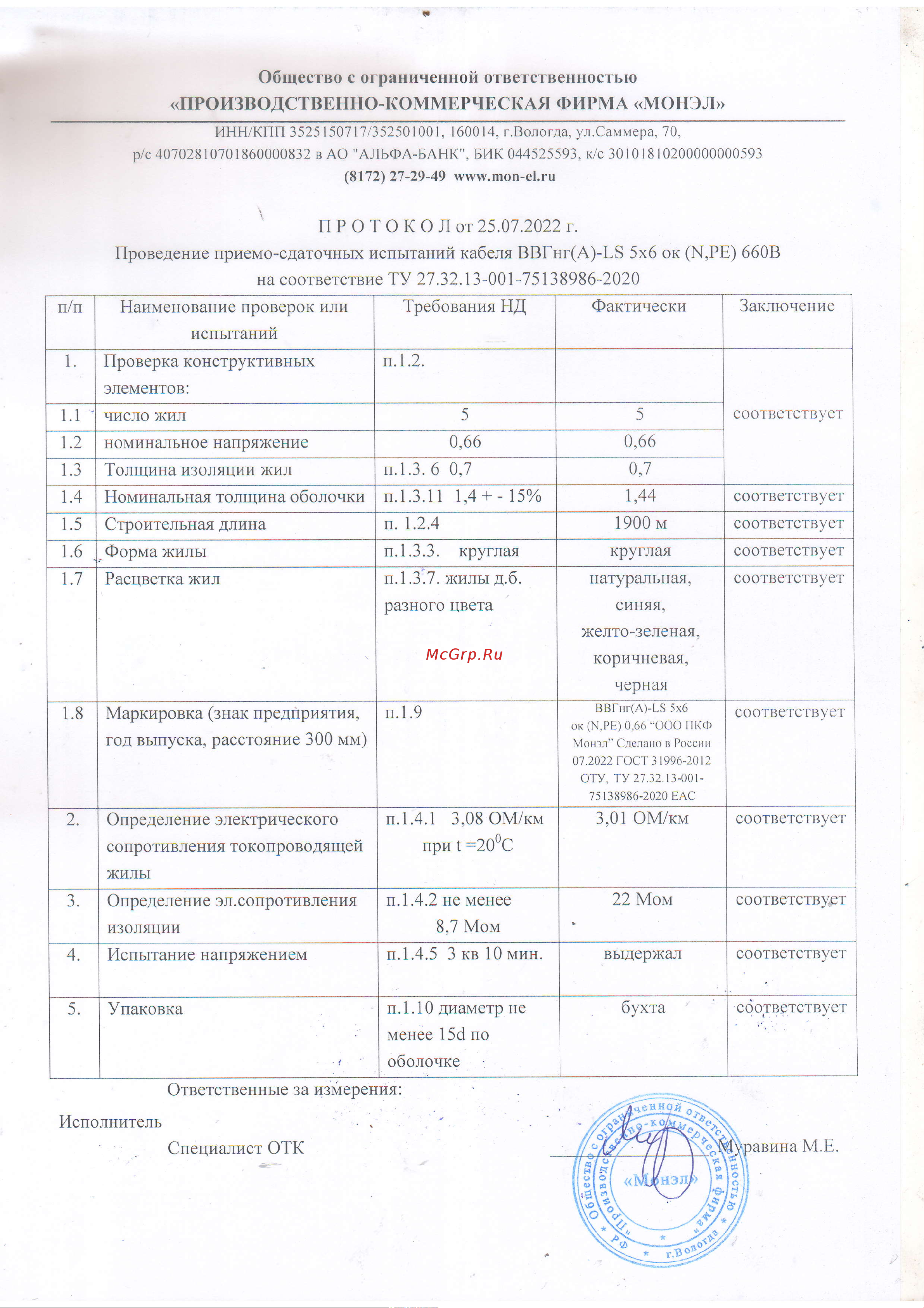 ПКФ МОНЭЛ ВВГнгА-LS 5х6 ГОСТ 100 м С00077521 Инструкция онлайн
