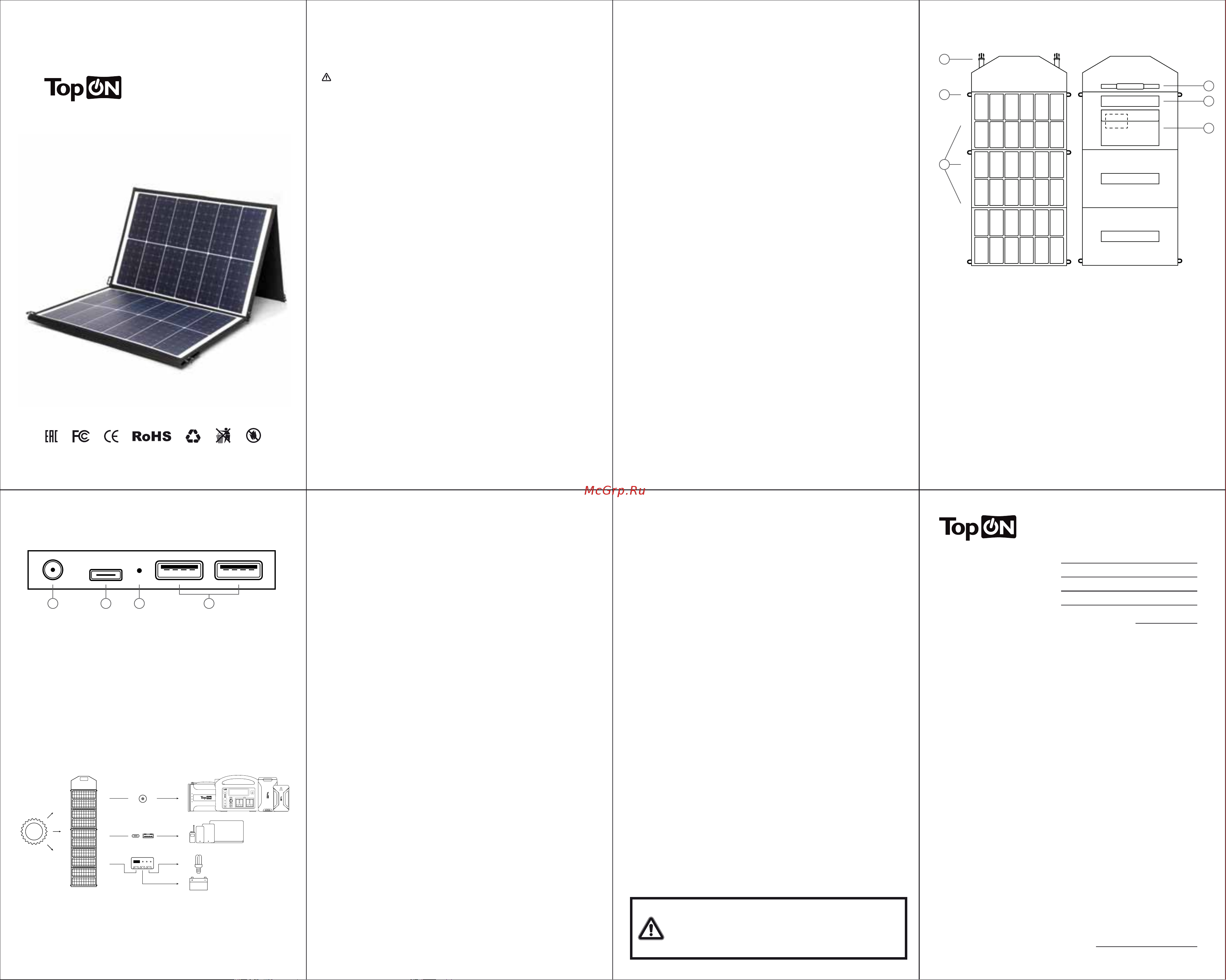 TopOn 120W 18V DC, Type-C PD 60W, USB QC3.0 18W, USB 12W, на 3 секции TOP-SOLAR-120 Инструкция онлайн