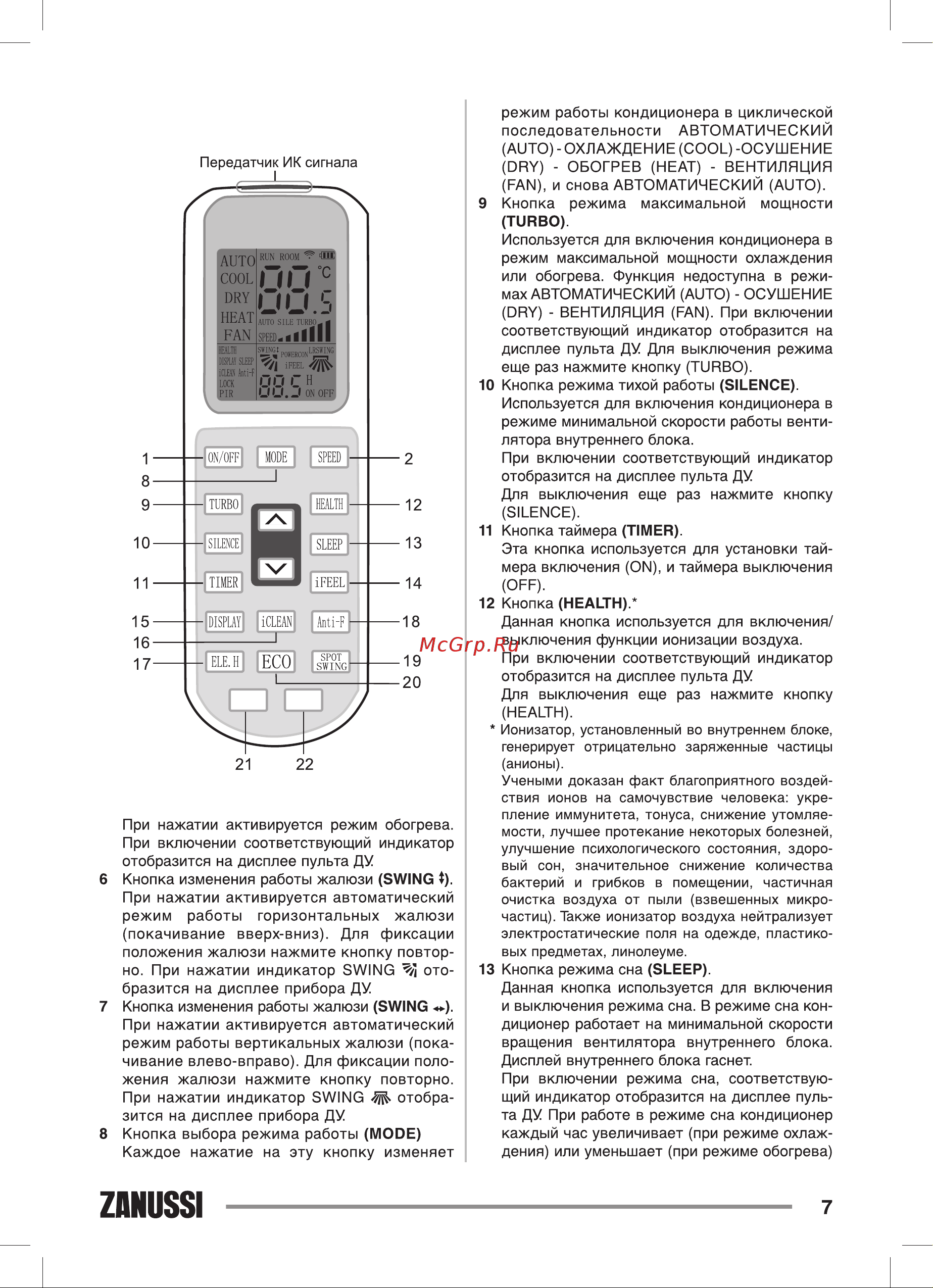 Zanussi Elegante DC Inverter ZACS/I-07 HE/A18/N1 комплект НС-1151325 Инструкция к товару онлайн [7/40] 844789