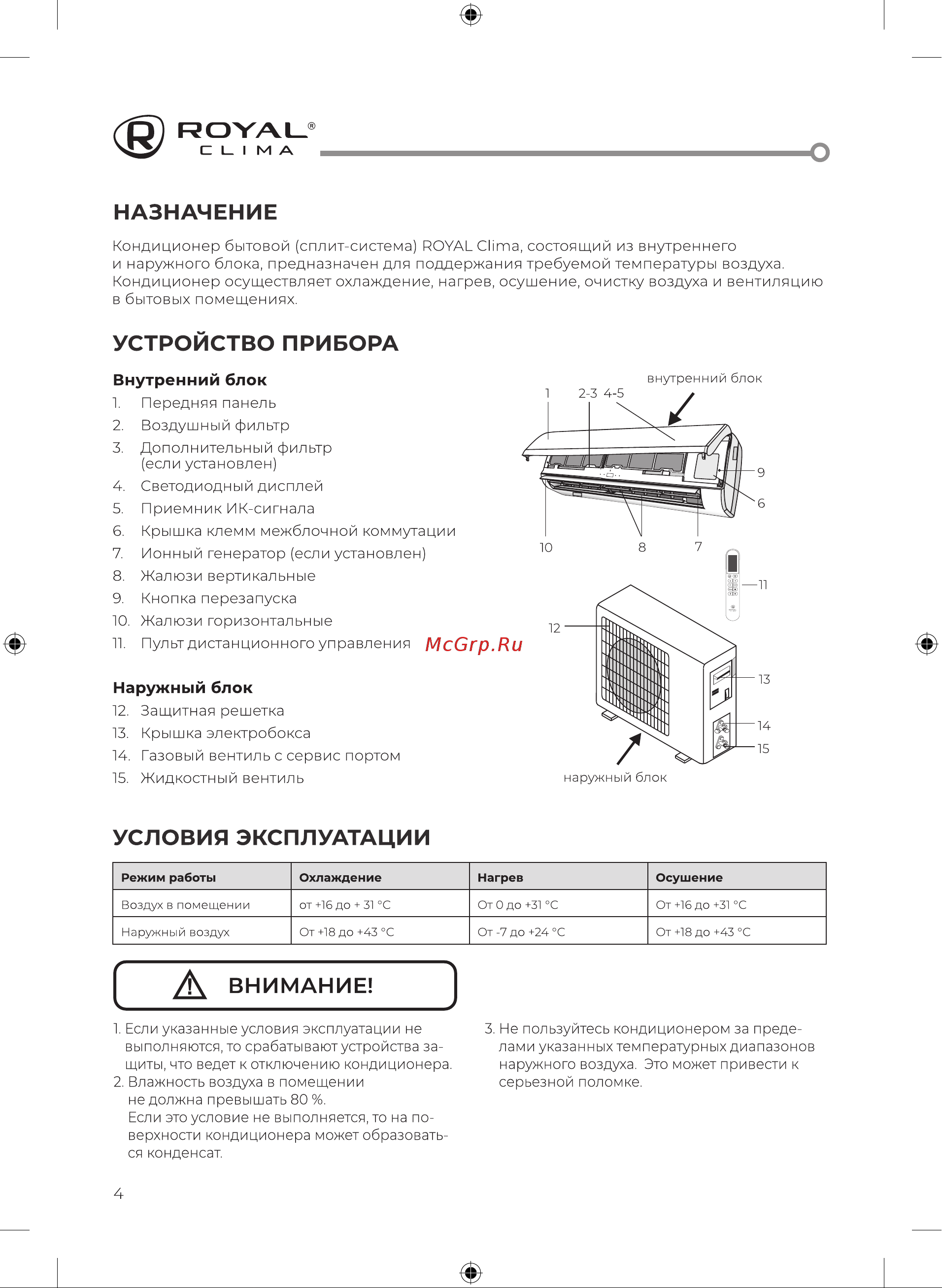 Royal Clima RC-GL90HN/IN/RC-GL90HN/OUT Руководство по эксплуатации онлайн [6/38] 844862