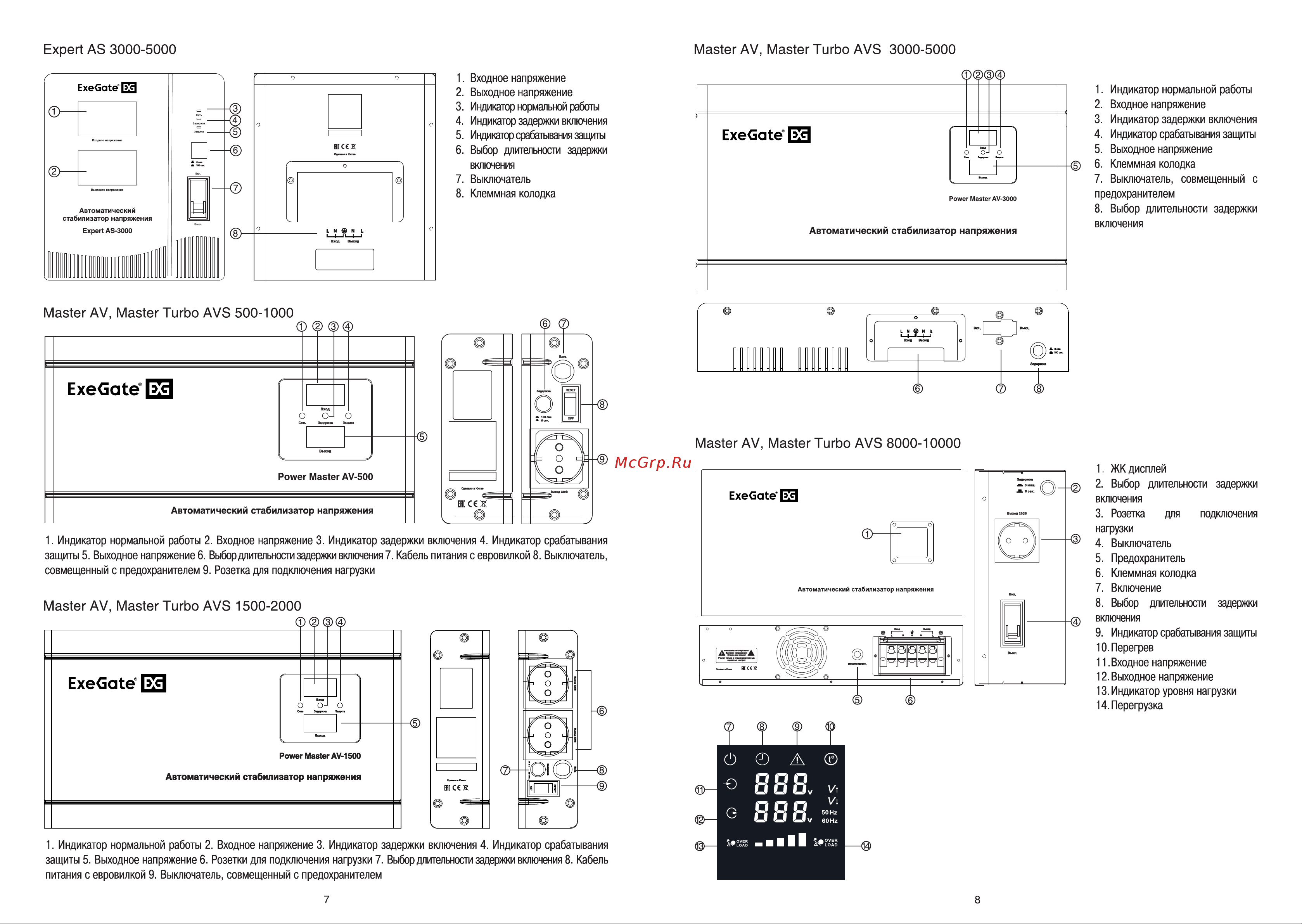 ExeGate Master AV-8000 8000ВА, 140-260В, цветной дисплей, 220В-8%, КПД 98%, 5 уровней защиты, задержка, усиленный метал.корпус, клем.кол 291742 Инструкция к товару онлайн [5/7] 845124