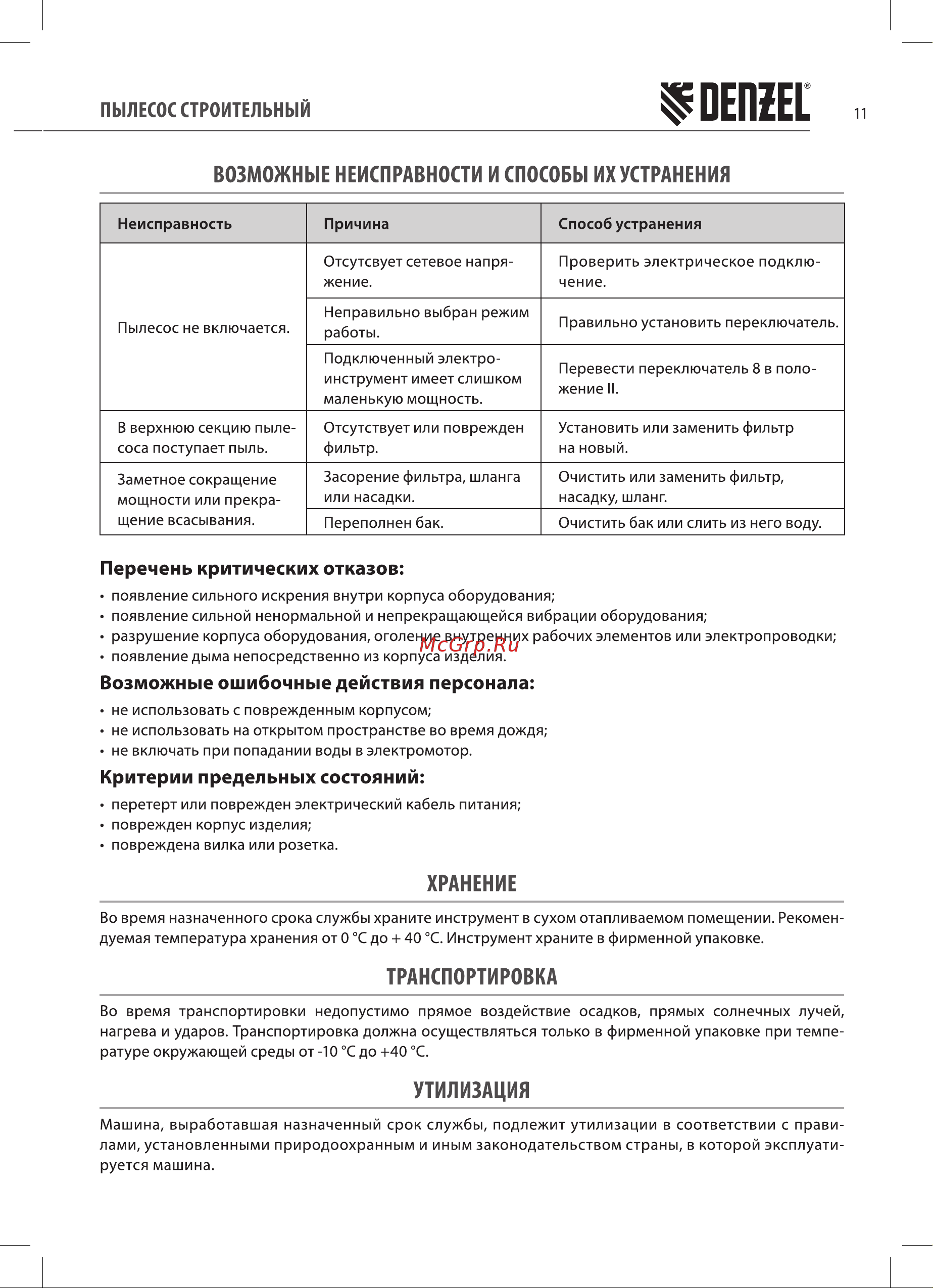 Denzel svc15, 1200 вт, бак 15 л, шланг 2 м 28201 Руководство по эксплуатации онлайн [11/16] 846203