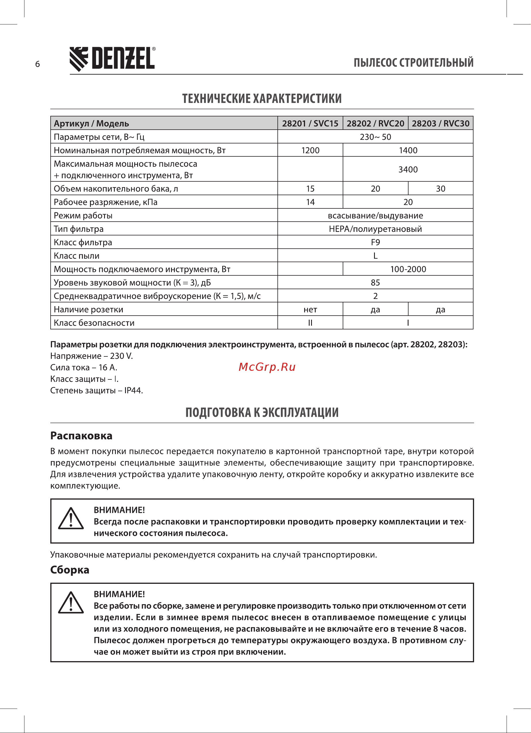 Denzel svc15, 1200 вт, бак 15 л, шланг 2 м 28201 Руководство по эксплуатации онлайн [6/16] 846203