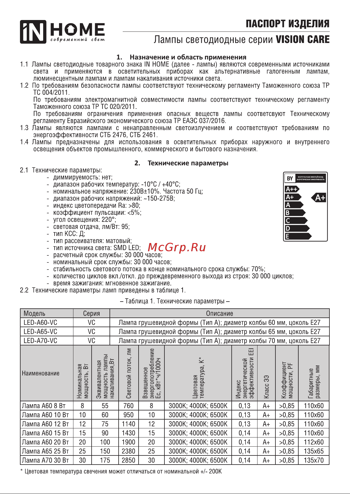 IN HOME LED-A65-VC 25Вт 230В Е27 3000К 2380Лм 4690612024066 Паспорт онлайн