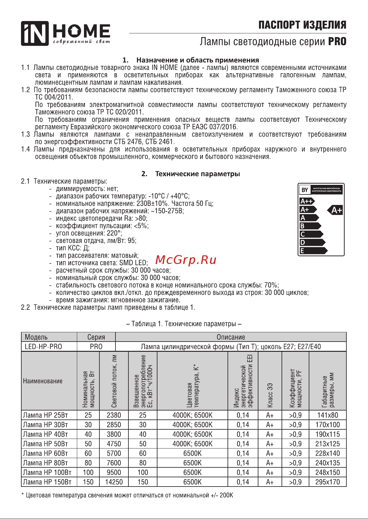 IN HOME LED-HP-PRO 150Вт 230В E27 с адаптером Е40 6500К 14250Лм 4690612035703 паспорт изделия онлайн