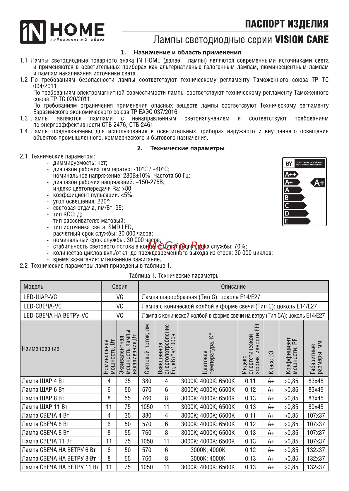 IN HOME LED-ШАР-VC 11Вт 230В Е27 4000К 1050Лм 4690612020617 Паспорт изделия онлайн