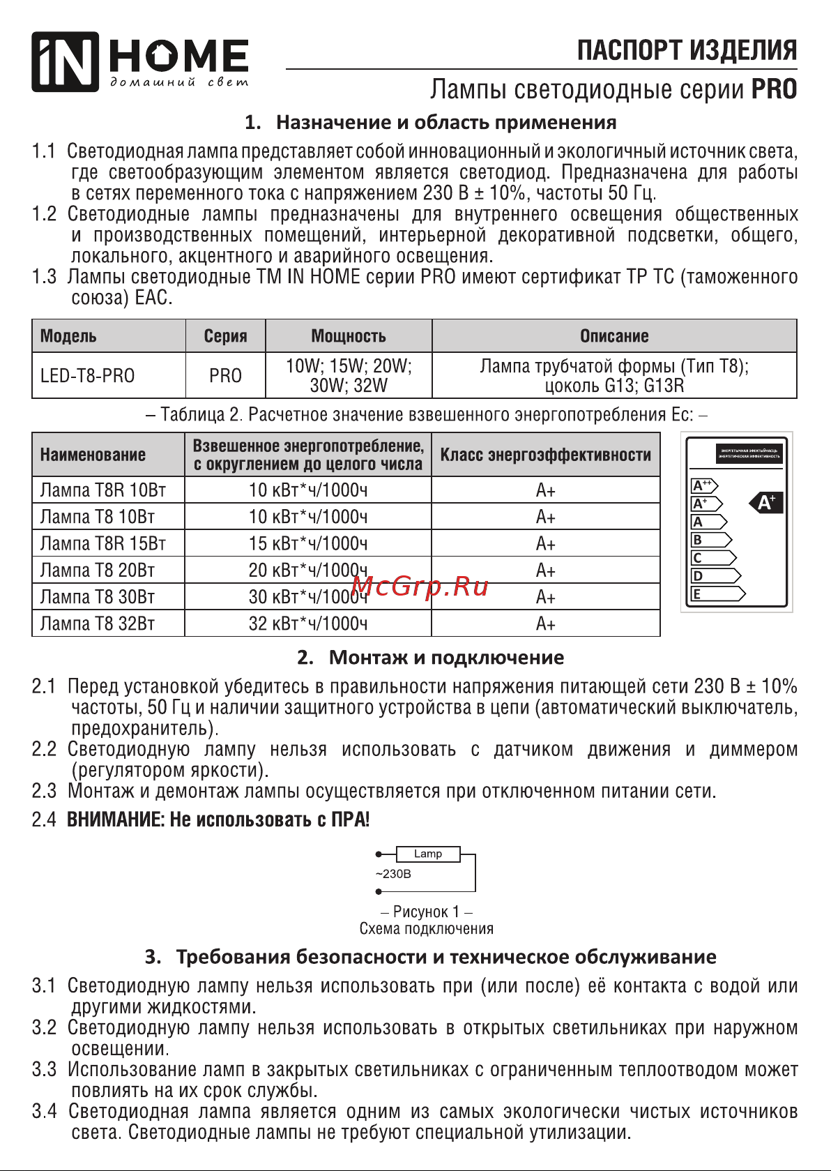 IN HOME LED-T8R-M-PRO 10Вт, 230В, G13R, 6500К, 1000Лм, 600мм, матовая, поворотная 4690612030920 Инструкция к товару онлайн