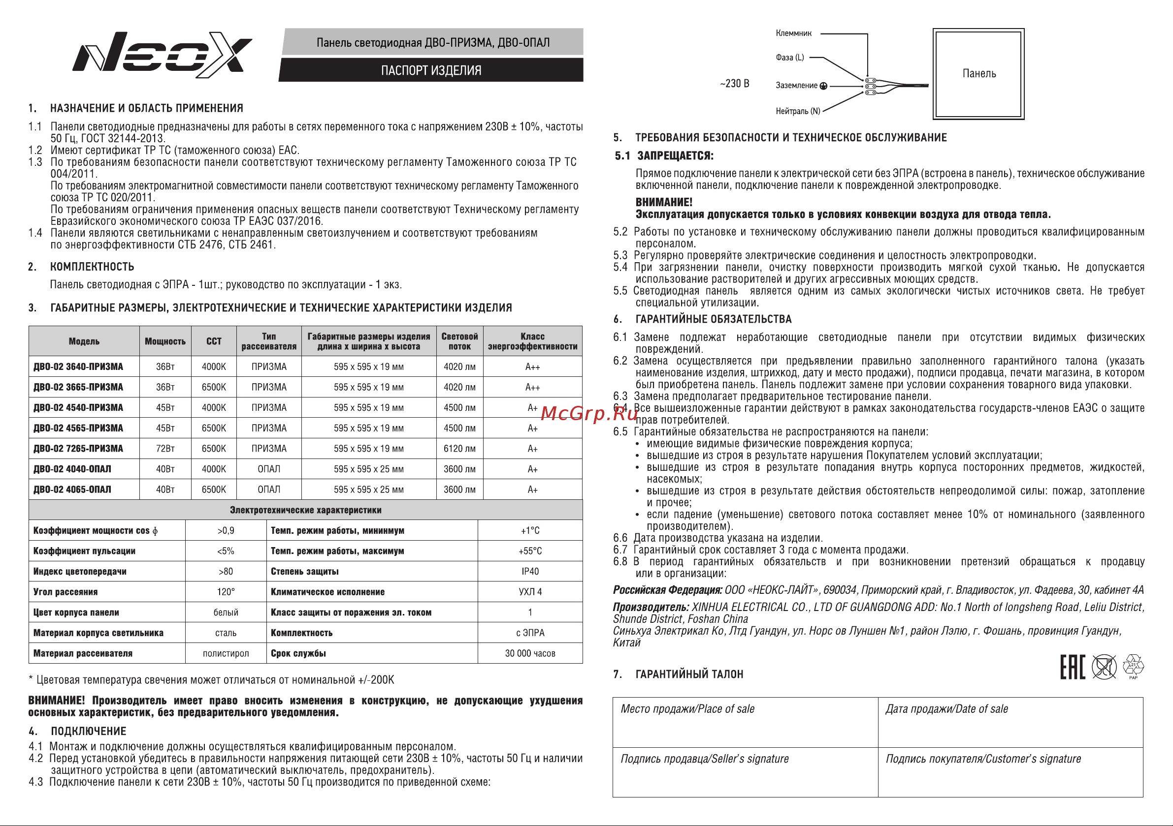 Neox унив ДВО-02 4565-ПРИЗМА 45Вт 230В 6500К 4500Лм 100лм/Вт 595x595x19 4690612037653 Паспорт изделия онлайн