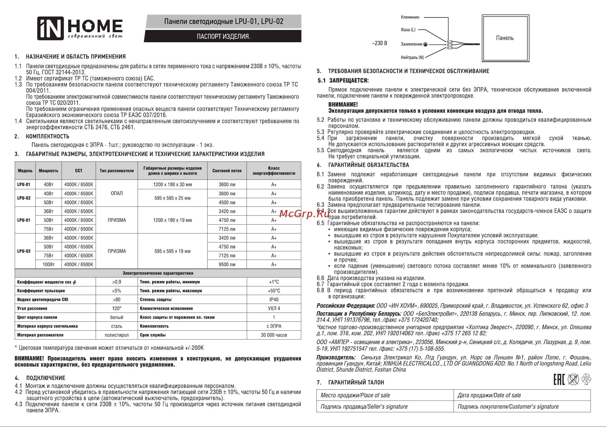 IN HOME LPU-01 50Вт ПРИЗМА 230В 4000K 4750Лм 180х1195х19мм IP40 4690612029825 Паспорт изделия онлайн