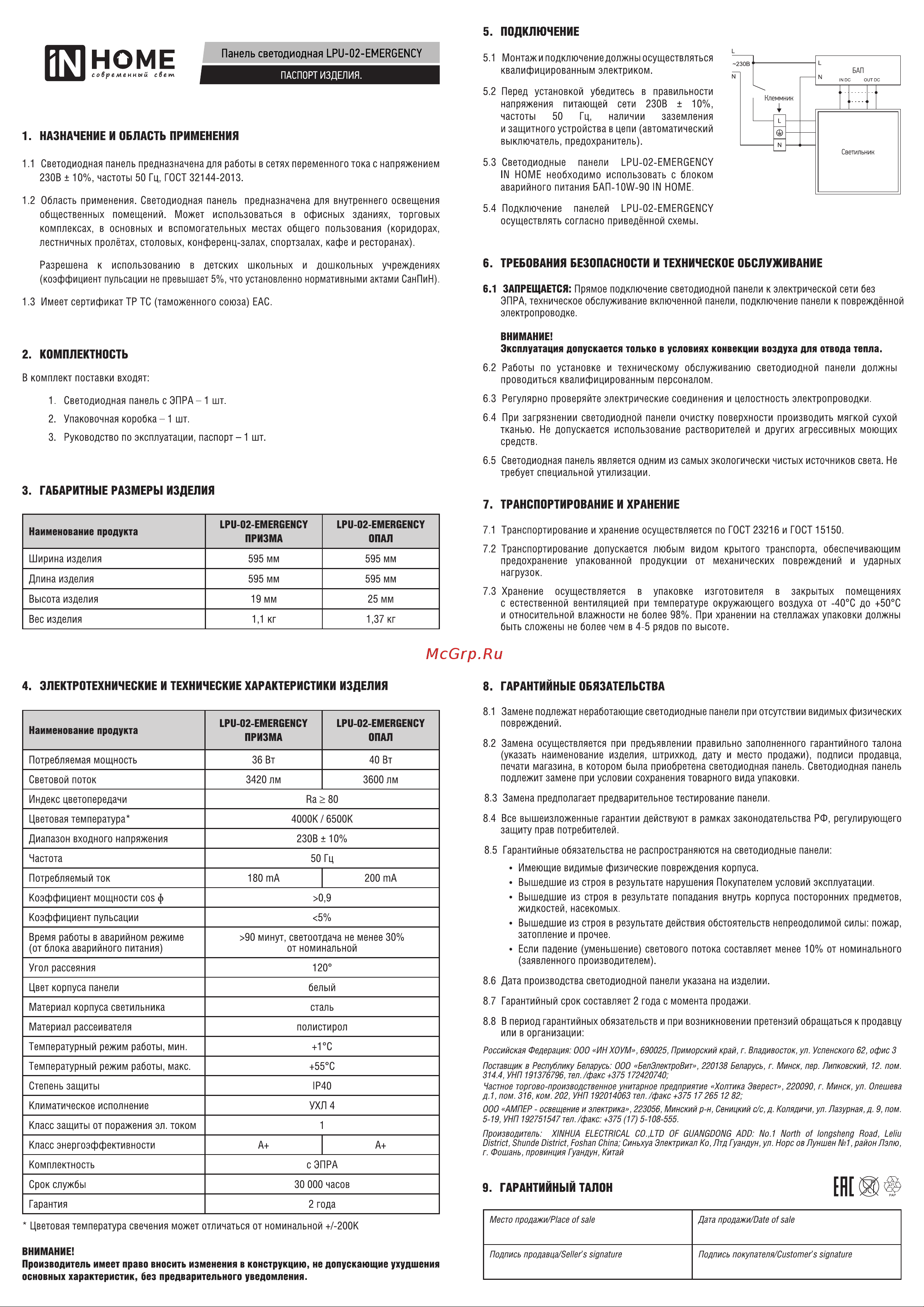 IN HOME LPU-02-EMERGENCY 36Вт ПРИЗМА 230В 4000К 3420Лм 4690612029962 Паспорт изделия онлайн