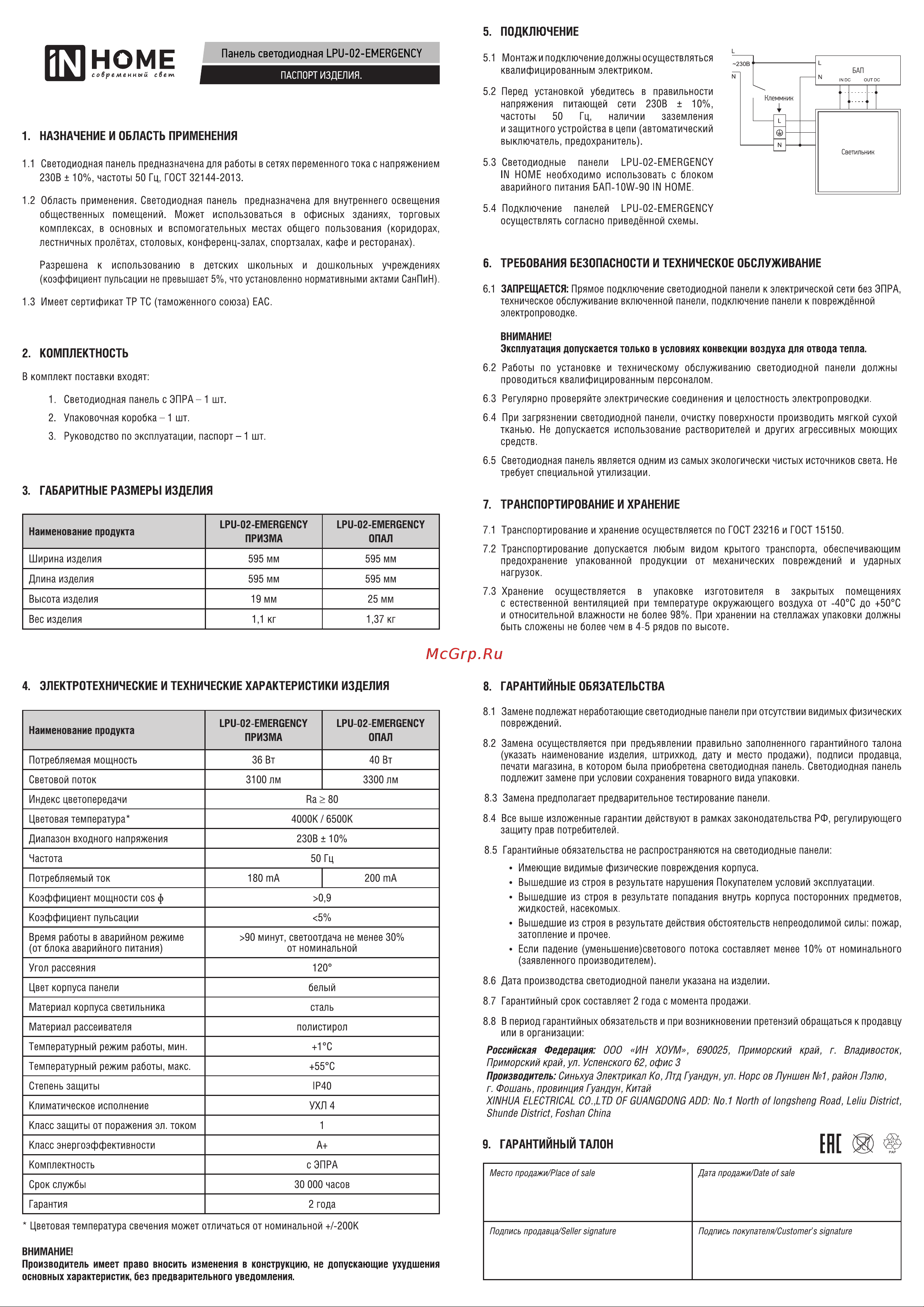 IN HOME LPU-02-EMERGENCY 36Вт ПРИЗМА 230В 6500К 3100Лм 4690612029979 паспорт онлайн