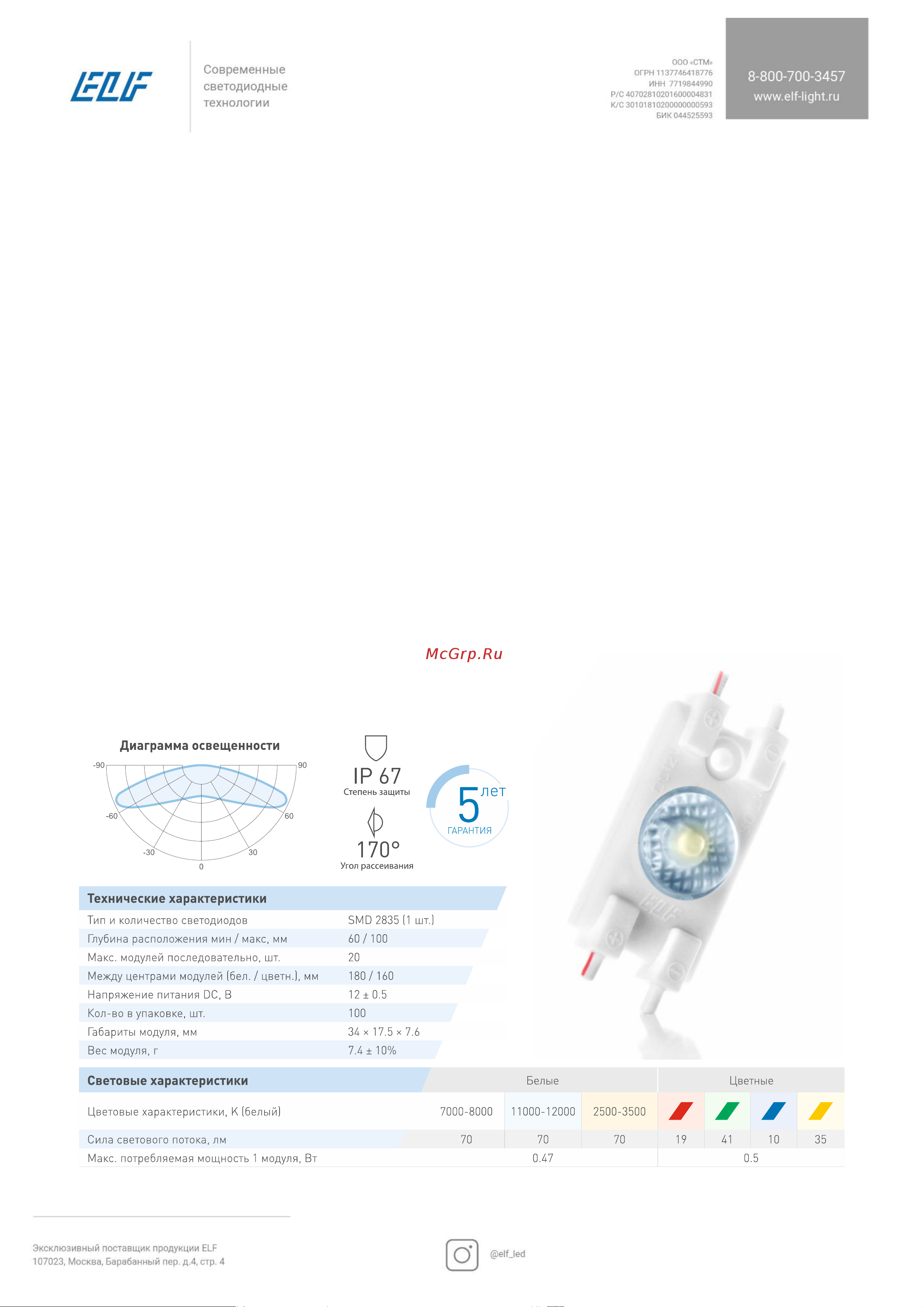 ELF SOL+, 1smd диод 2835, белый (упаковка 100 шт) Инструкция онлайн