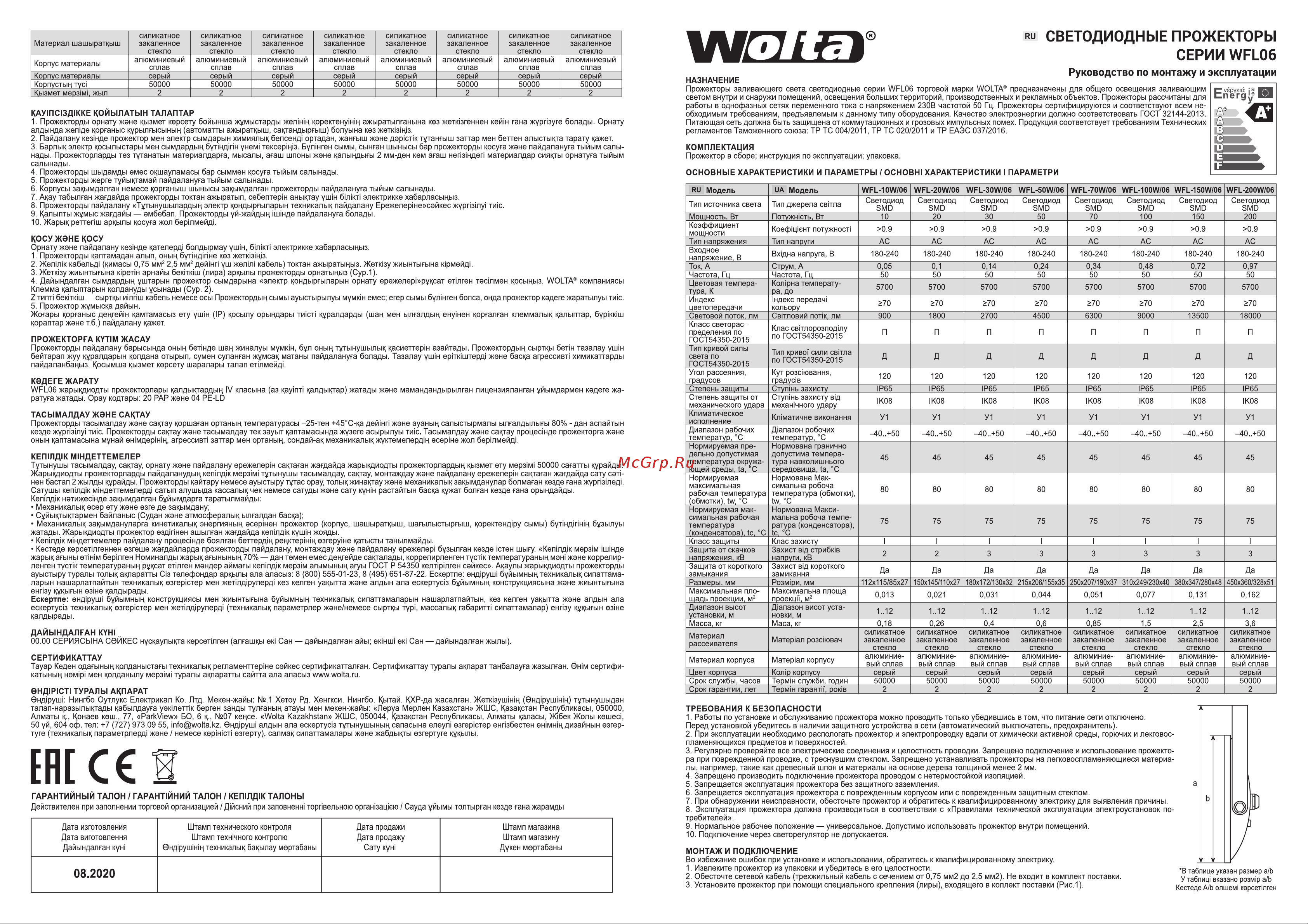 Wolta 5700K, холодный белый свет, 100Вт, IK08, SMD IP 65, серый WFL-100W/06 Паспорт светильника онлайн