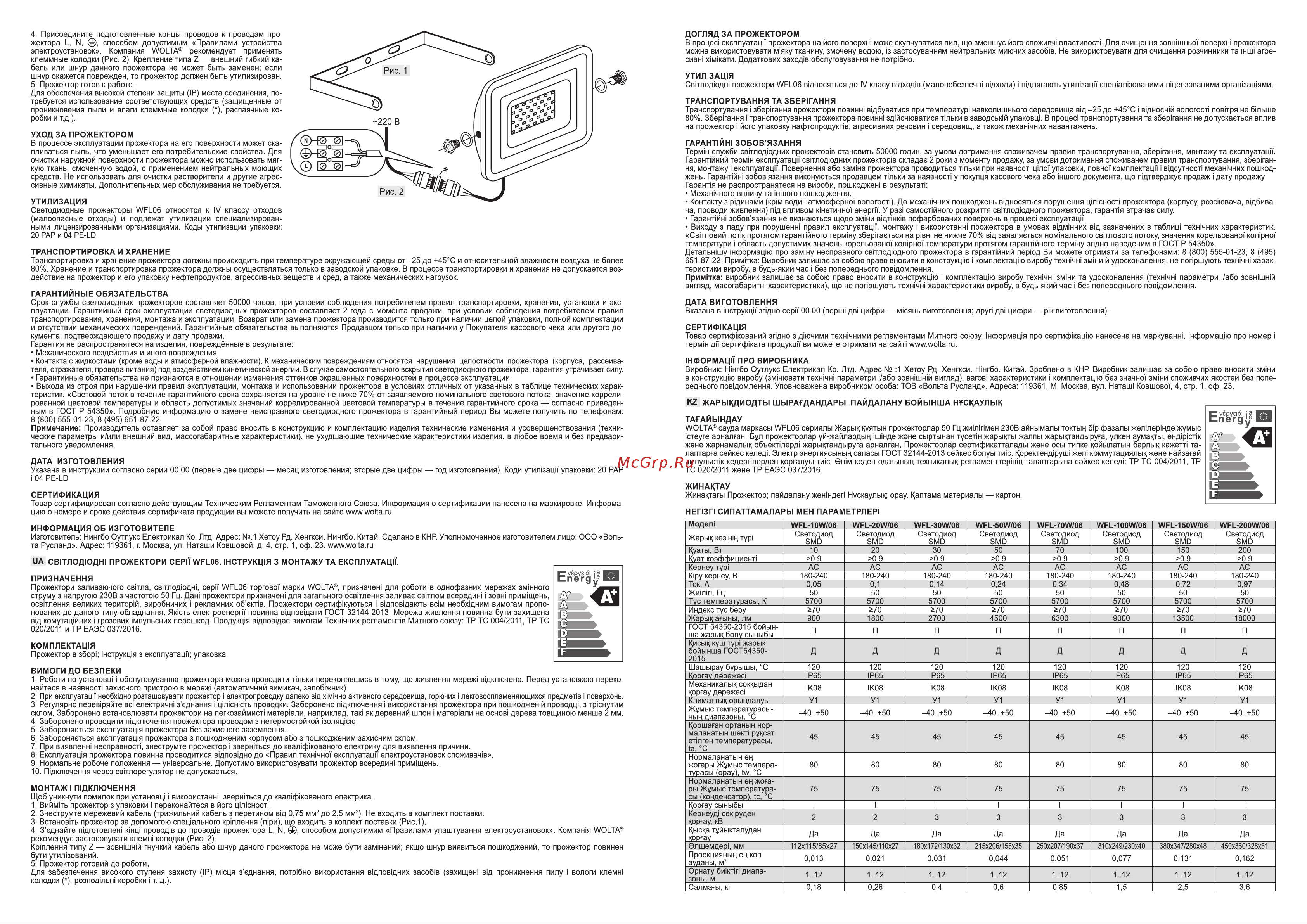 Wolta 150Вт, 5700К Холодный белый свет, IK08, 90лм/Вт, IP65 WFL-150W/06 Паспорт светильника онлайн [2/2] 848328