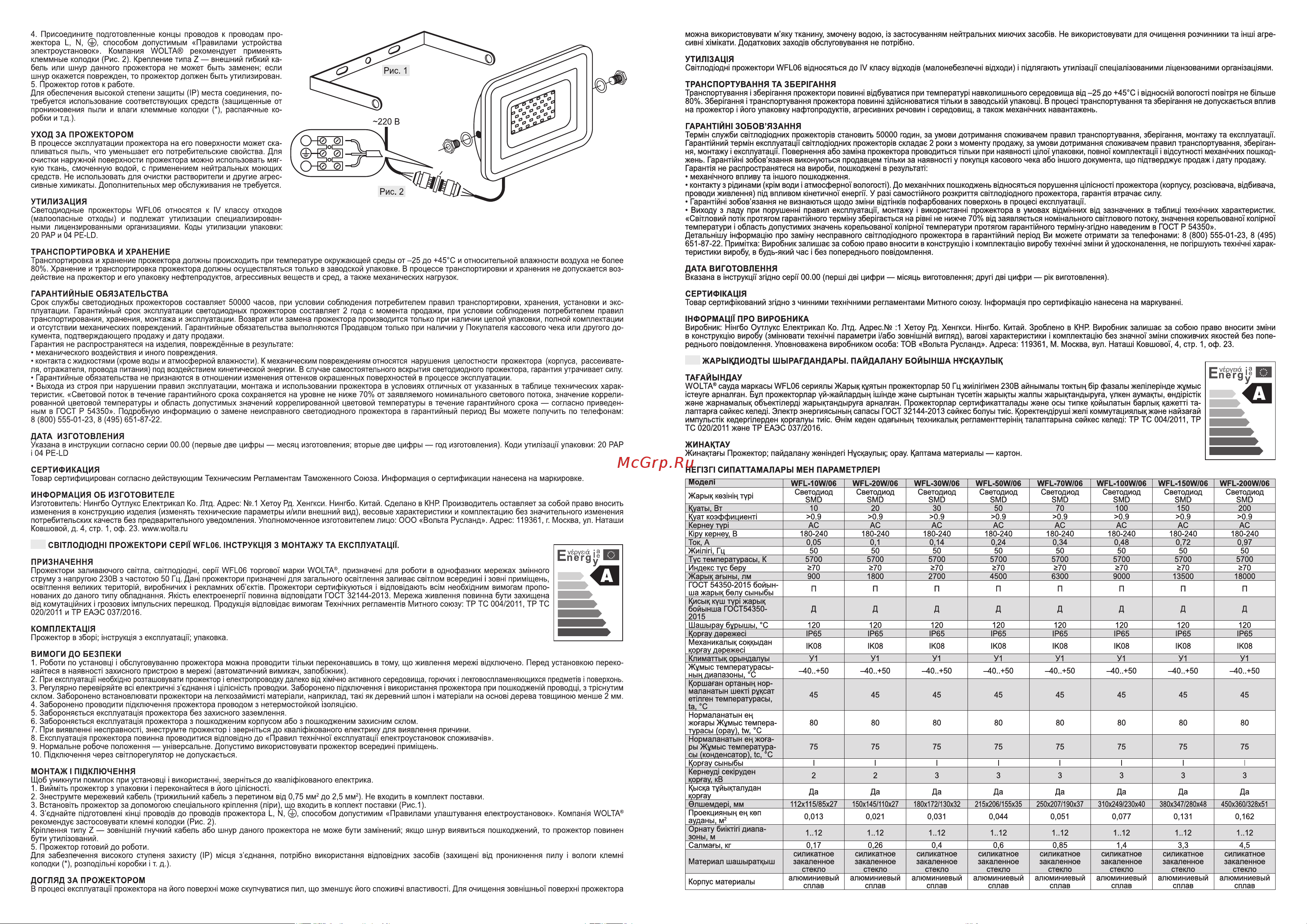 Wolta 5700K, холодный белый свет, 20Вт SMD, IP 65, IK08, WFL-20W/06 Паспорт светильника онлайн [2/2] 848306