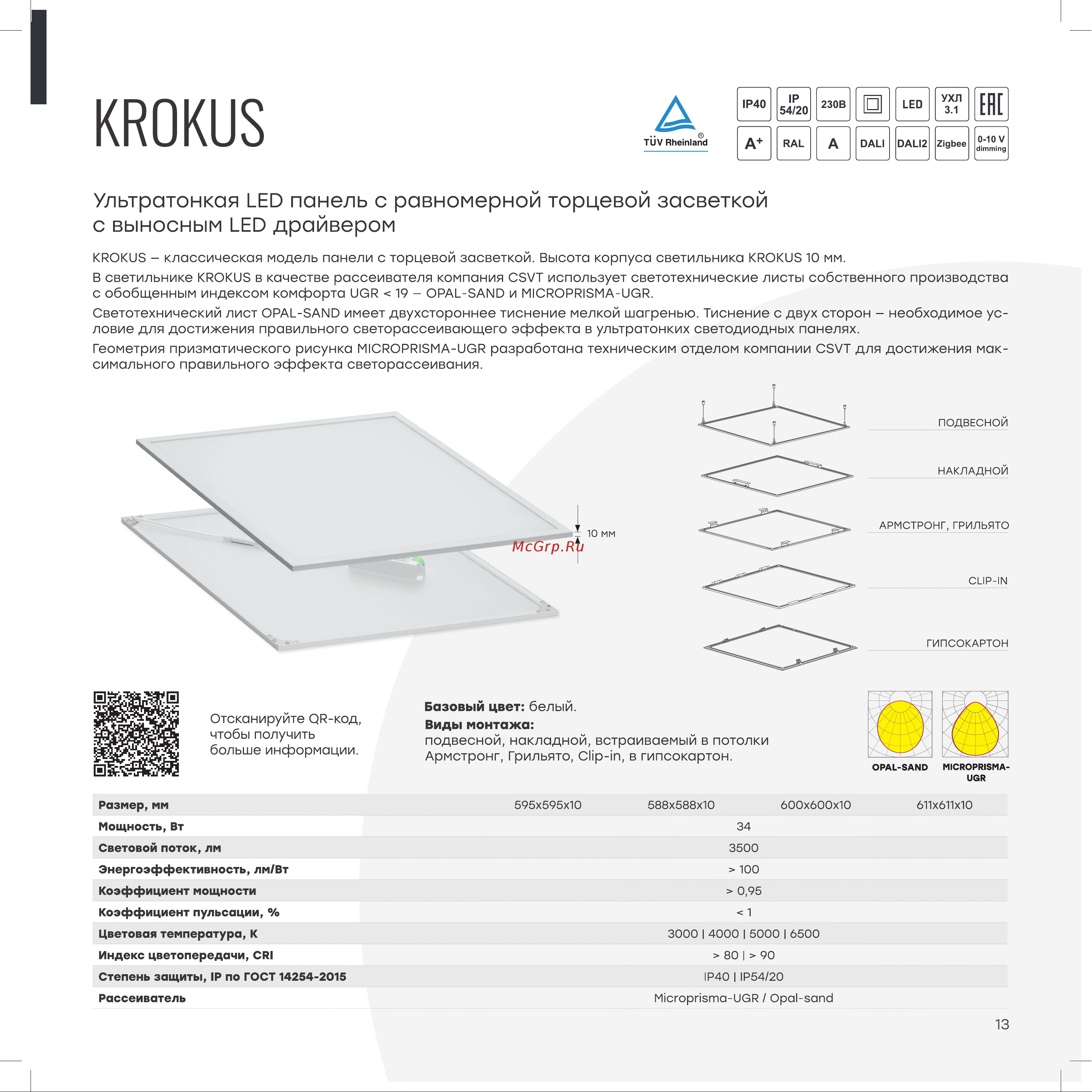 Csvt KROKUS-PANEL-34-UGR 588x588 34Вт 4000К IP54/IP20 3500лм UGR19 встраиваемый, подвесной, грильято панель, белая ЦБ000015142 Дополнительные материалы онлайн