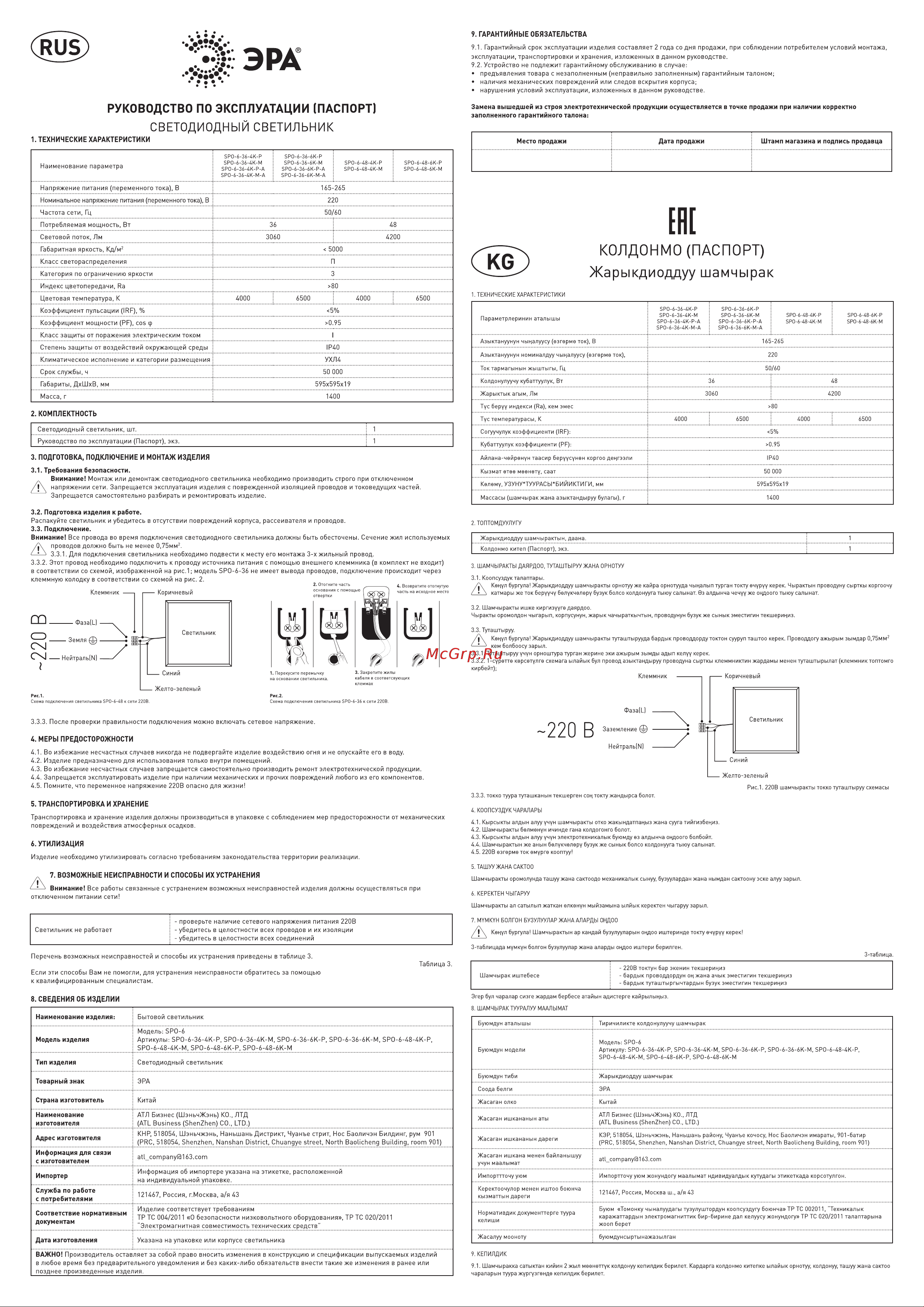Era SPO-6-36-4K-M 595x595x19 36Вт 3060Лм 4000К IP40 матовый Б0039319 Инструкция онлайн