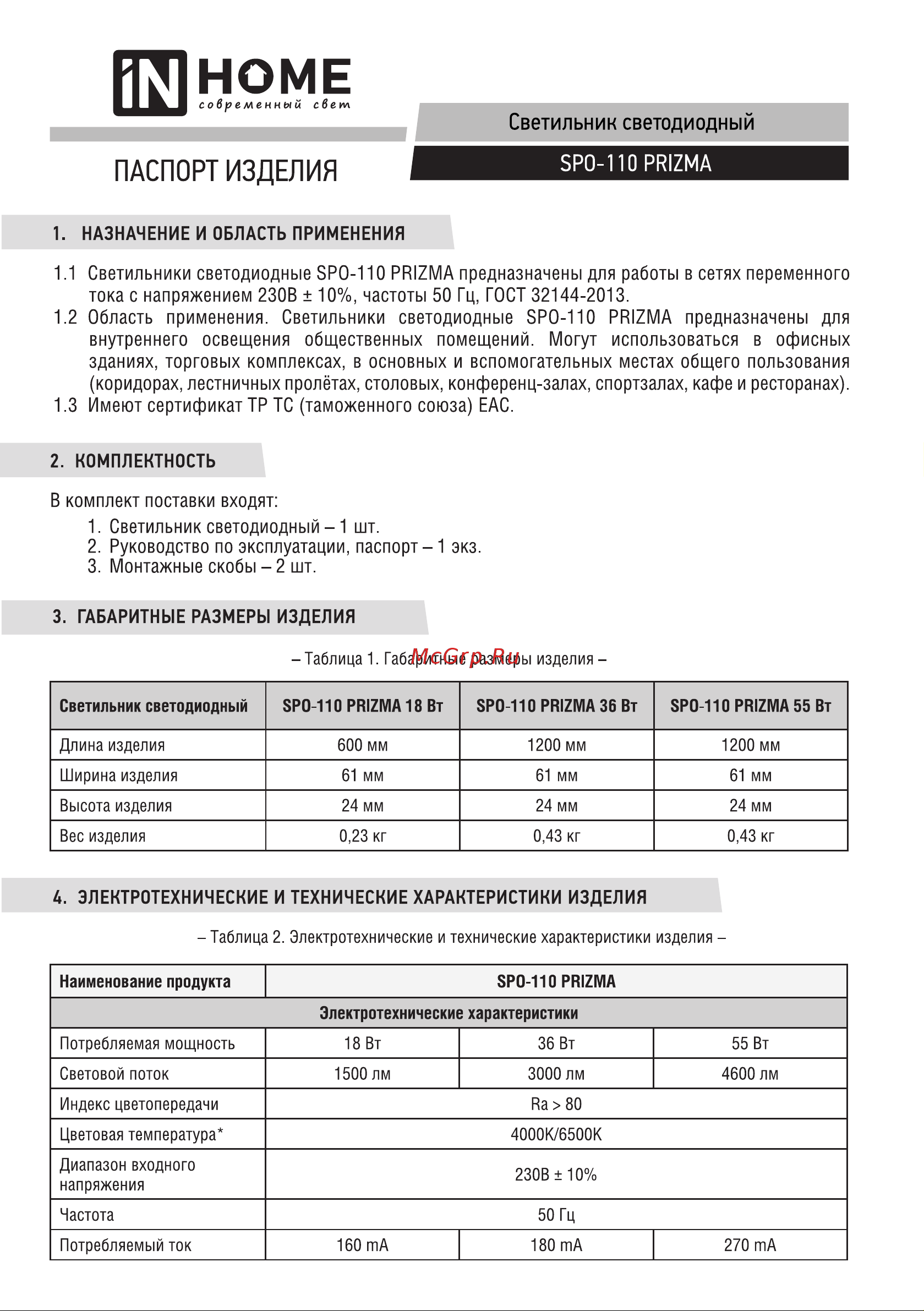 IN HOME SPO-110 PRIZMA, 18Вт, 230В, 6500К, 1500Лм, 600мм, IP40 Инструкция к товару онлайн