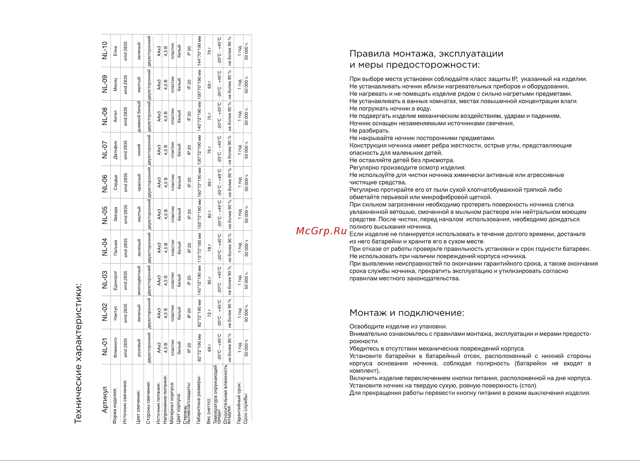 OGM Пальма, зеленый, 3хАА, пластик, 115х72х185мм/NL-04 инструкция онлайн [2/2] 859892