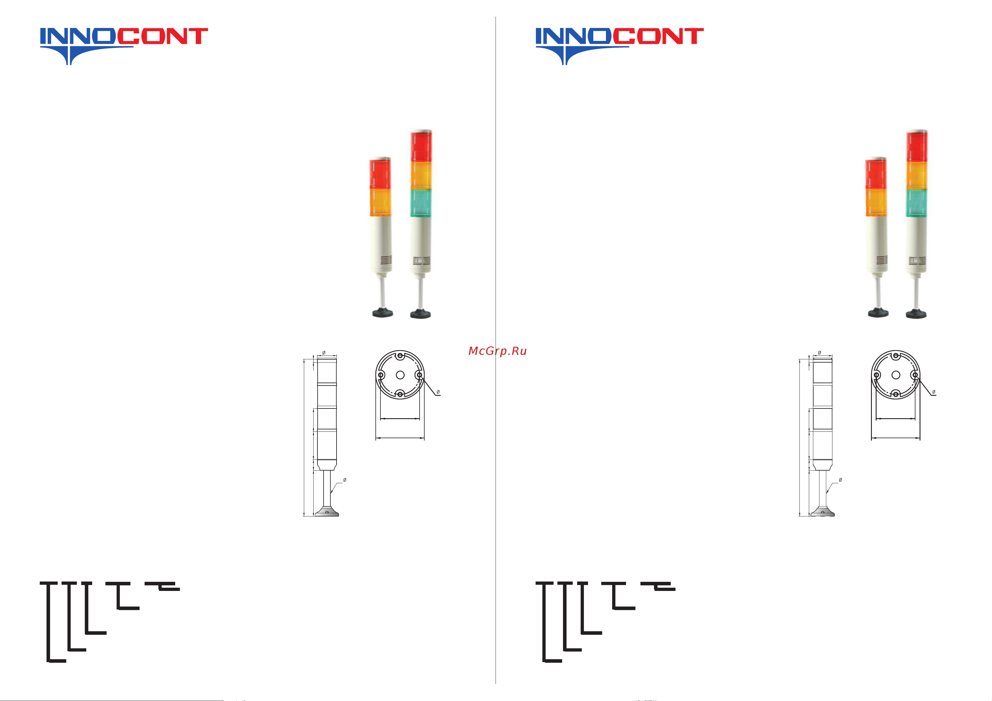 INNOCONT d=56мм, светодиод, стойка 70мм, основание d=70мм, постоянное свечение, зуммер, цвет: красный, желтый, зеленый, 24VDC, IP50, кабель 0,5м TL56B-024-RYG Паспорт онлайн