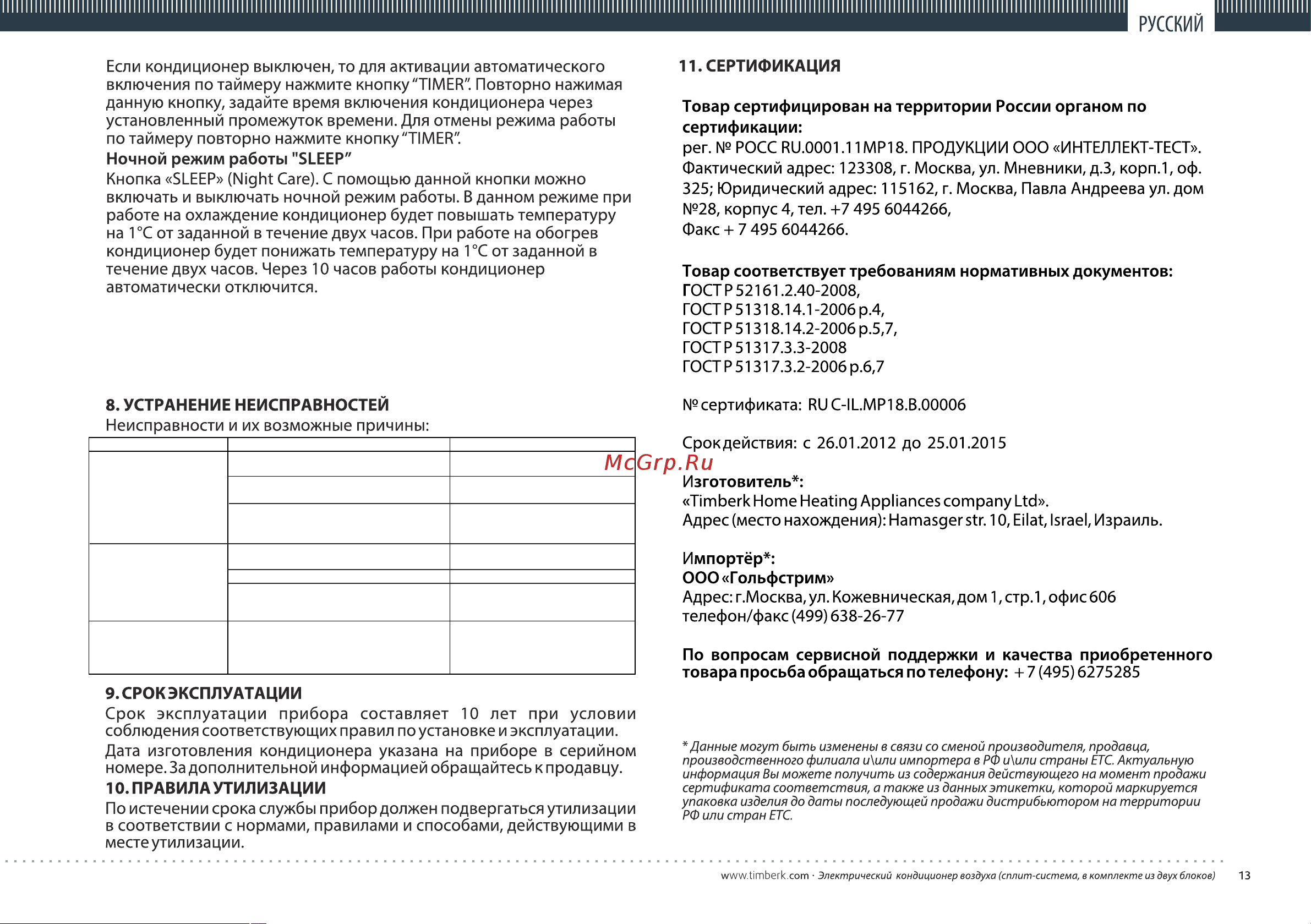 Timberk AC TIM 48LC FS1 колонная сплит-система Инструкция к Timberk AC TIM 48LC FS1 онлайн [14/17] 850614